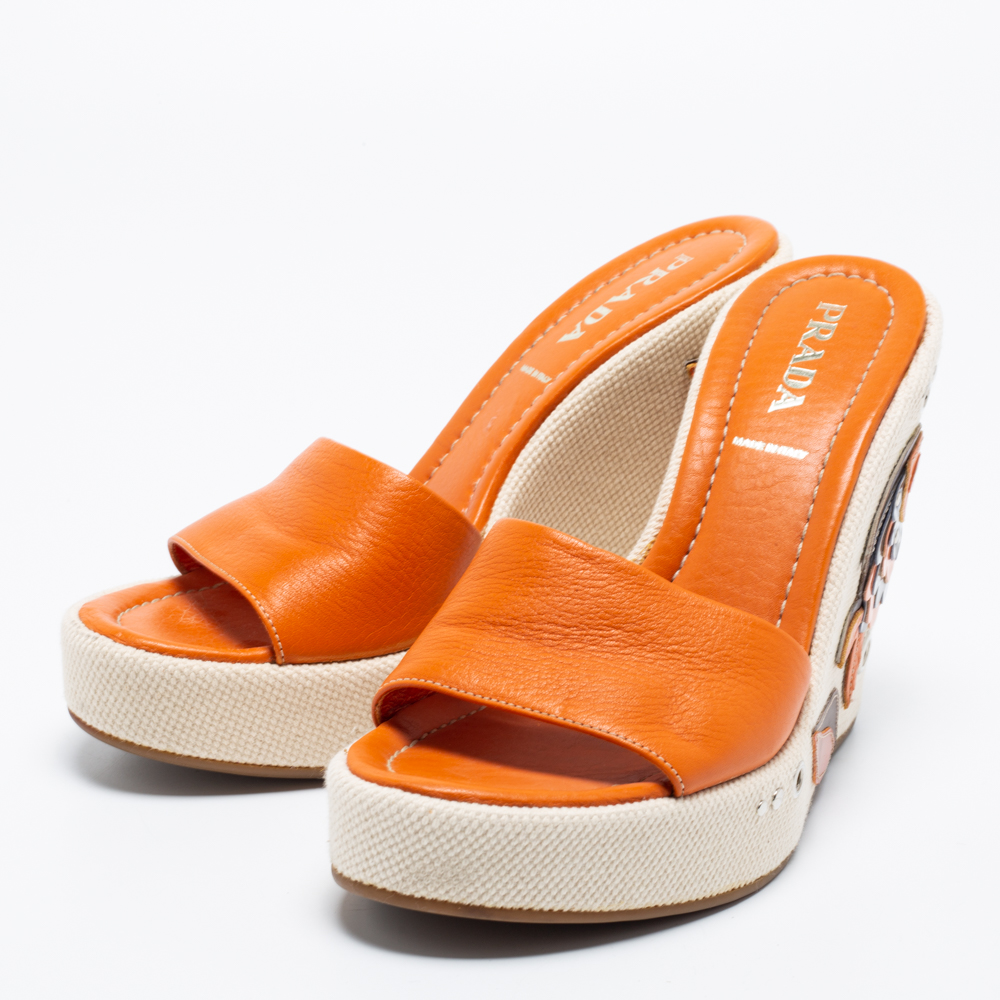 

Prada Orange Leather Fish Twill Studded Platform Wedge Slide Sandals Size