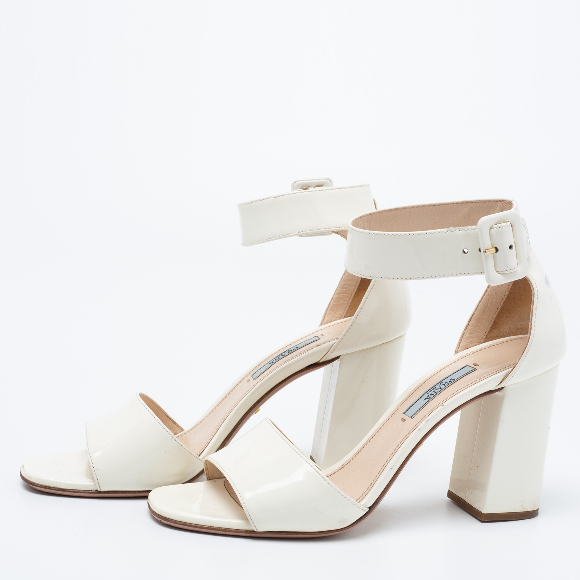 

Prada Off-White Patent Leather Ankle-Strap Sandals Size