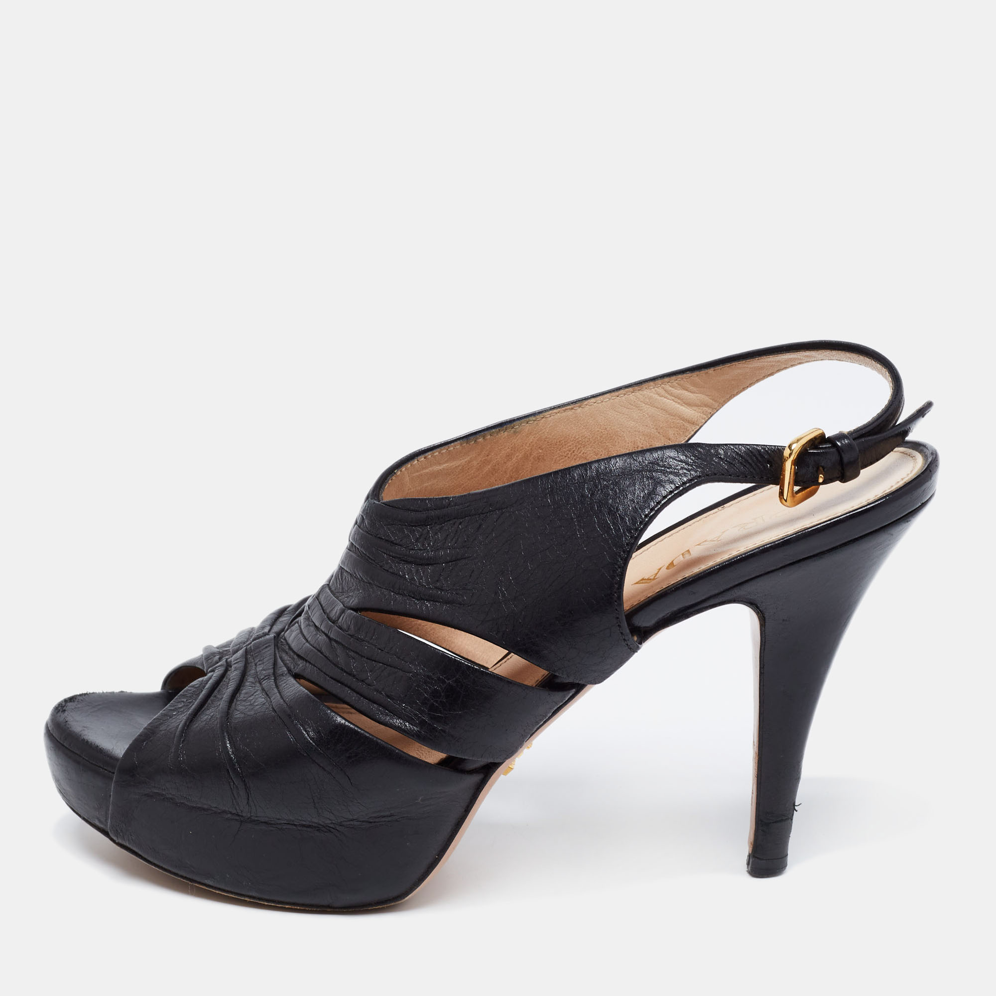 

Prada Black Leather Strappy Open Toe Slingback Platform Sandals Size