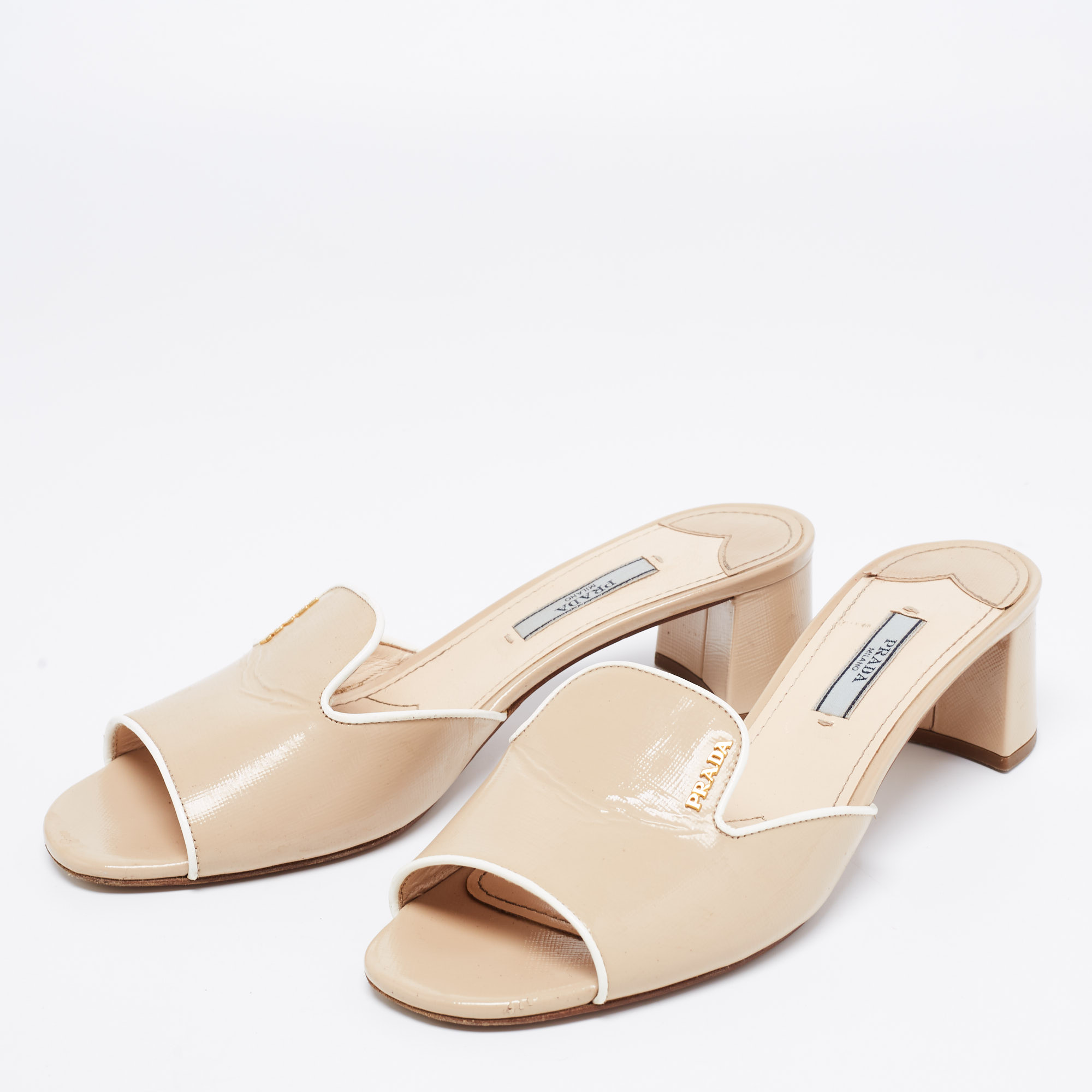 

Prada Beige Saffiano Vernice Leather Block Heel Slide Sandals Size