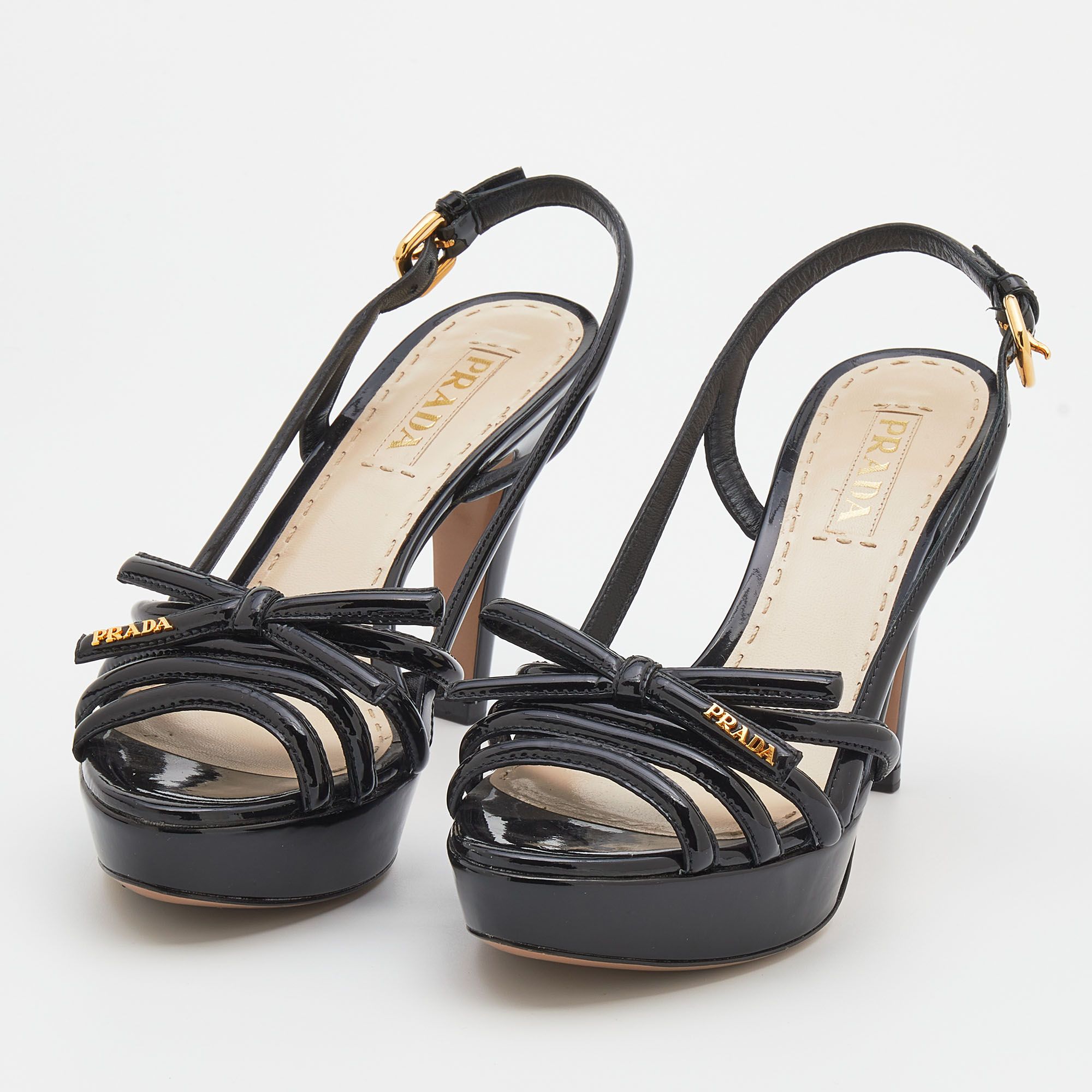 

Prada Black Patent Leather Bow Platform Sandals Size