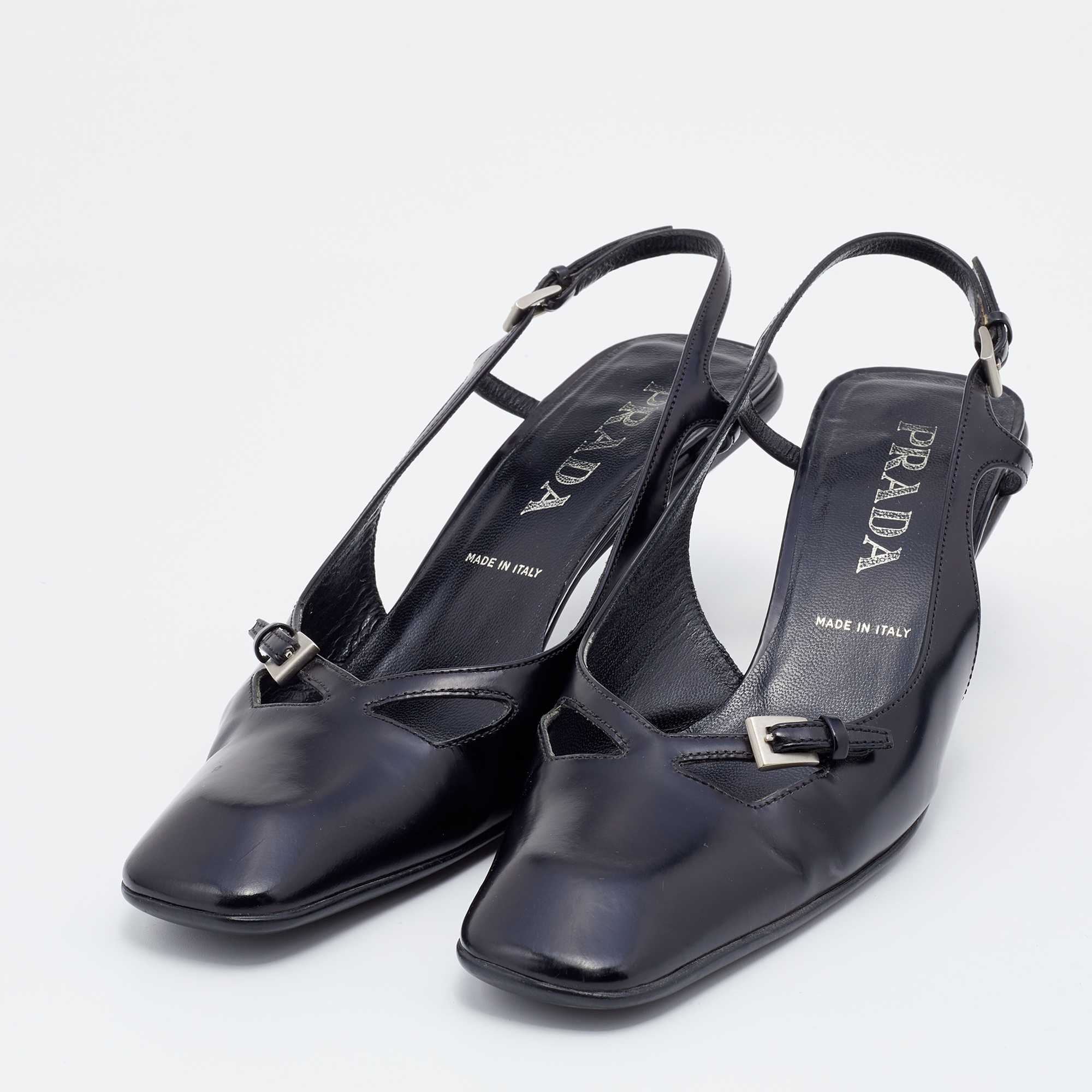 

Prada Black Leather Square Toe Slingback Sandals Size