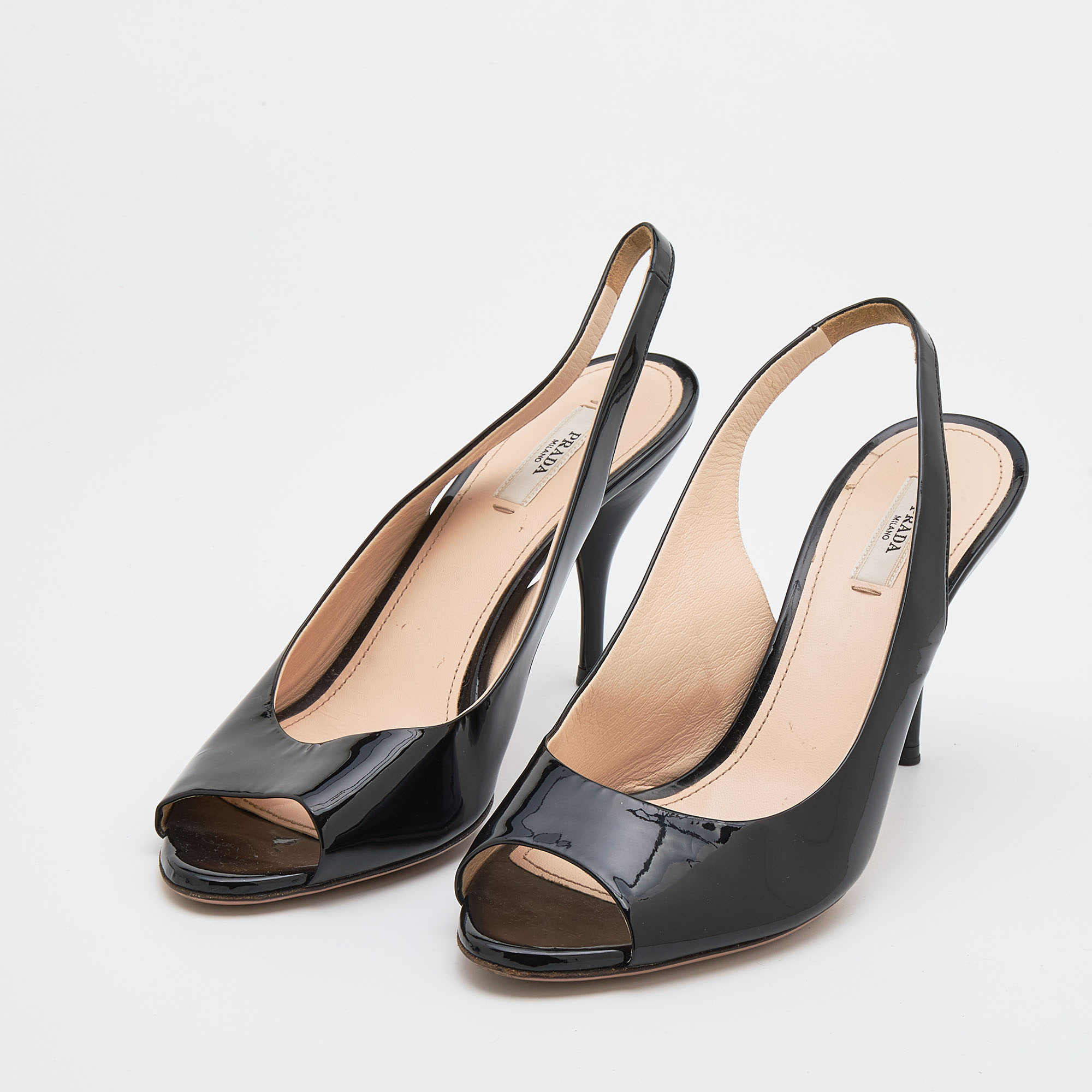 

Prada Black Patent Leather Peep Toe Slingback Sandals Size