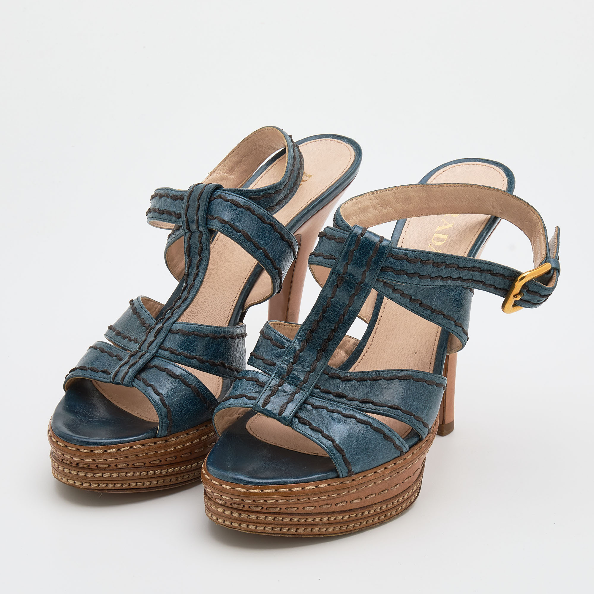 

Prada Blue Leather Platform Strappy Sandals Size