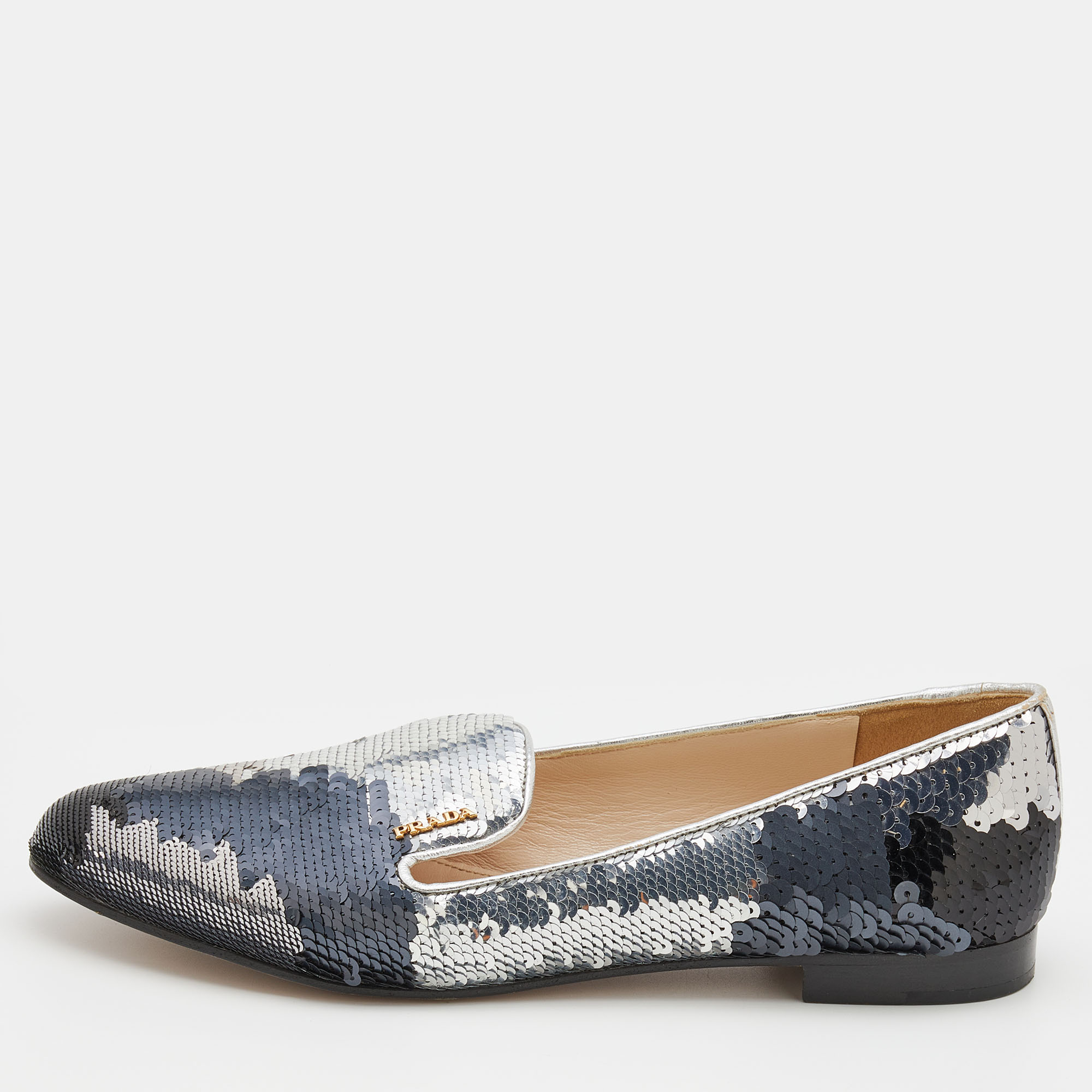 Pre Owned Prada Metallic Sequin Embellished Smoking Slippers Size 37.5