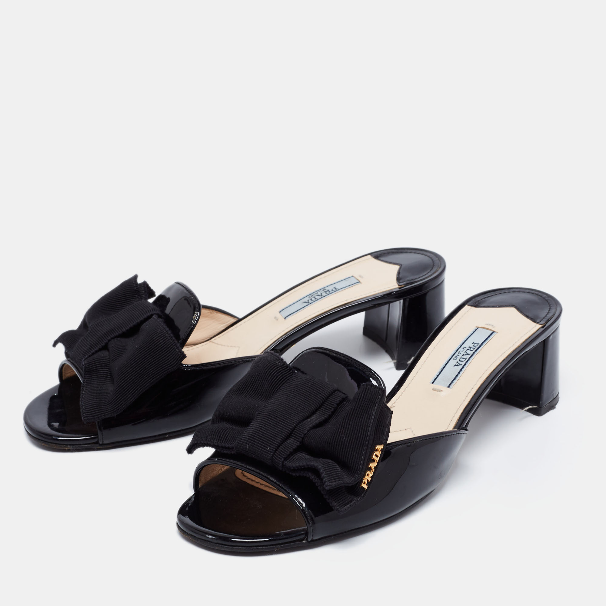 

Prada Black Patent Leather and Fabric Bow Block Heel Slide Sandals Size