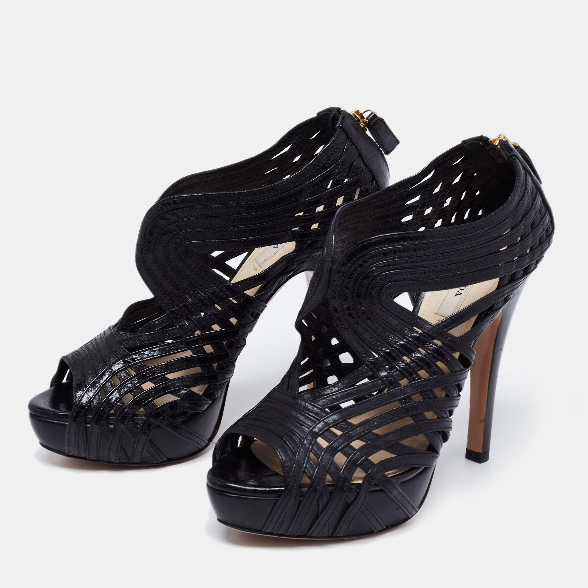 

Prada Black Leather Peep Toe Platform Sandals Size