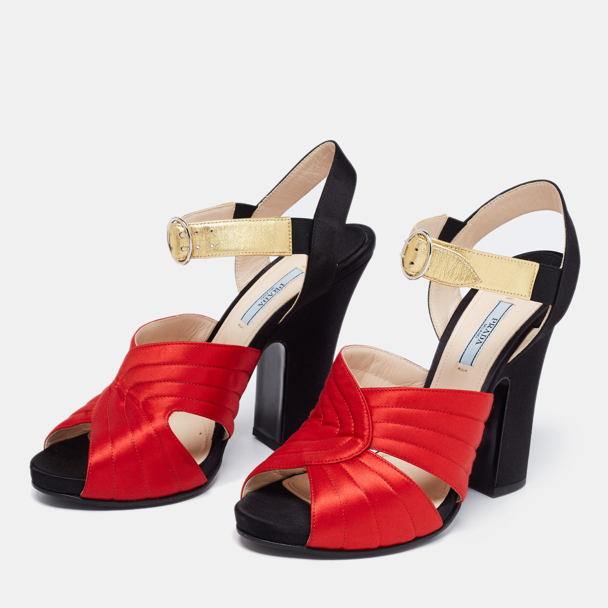 

Prada Tri-Color Leather and Quilted Satin Ankle Strap Platform Sandals Size, Red