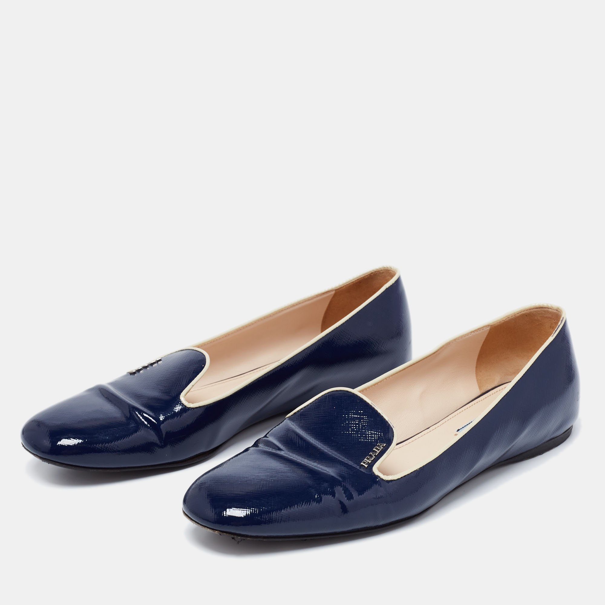 

Prada Navy Blue Vernice Saffiano Leather Smoking Slippers Size