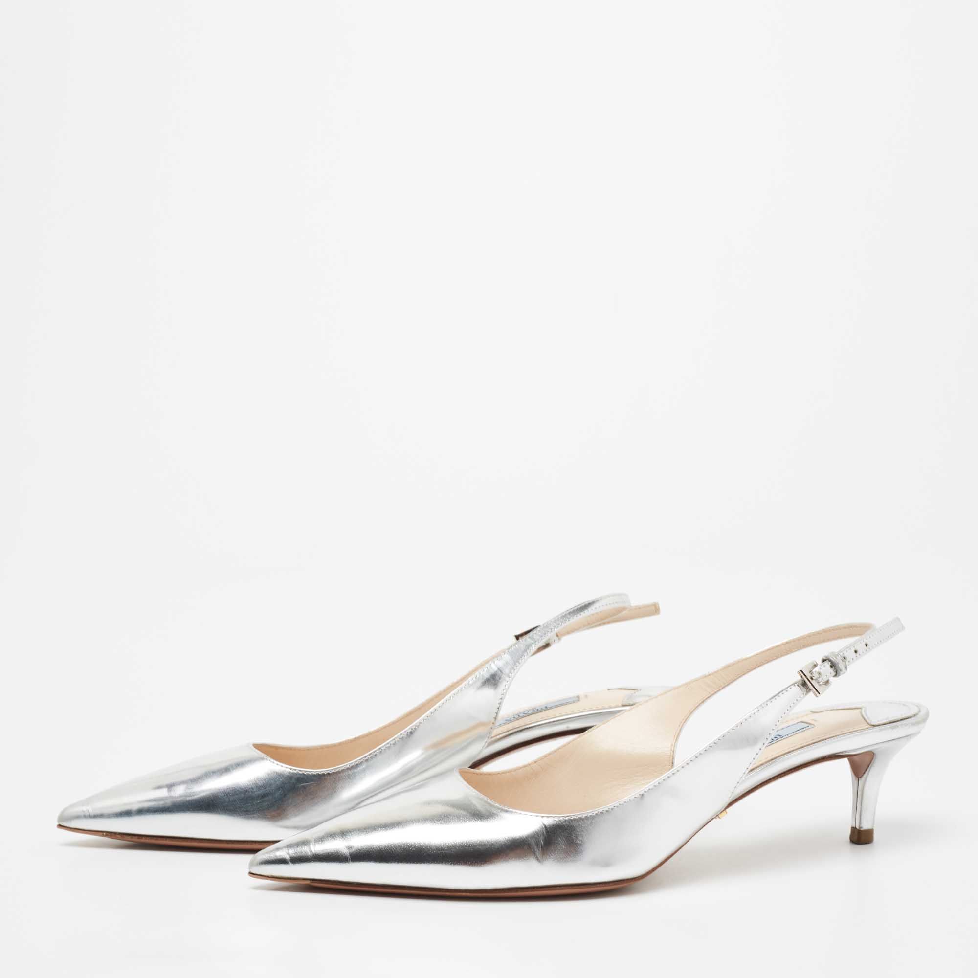 

Prada Silver Leather Pointed Toe Slingback Pumps Size