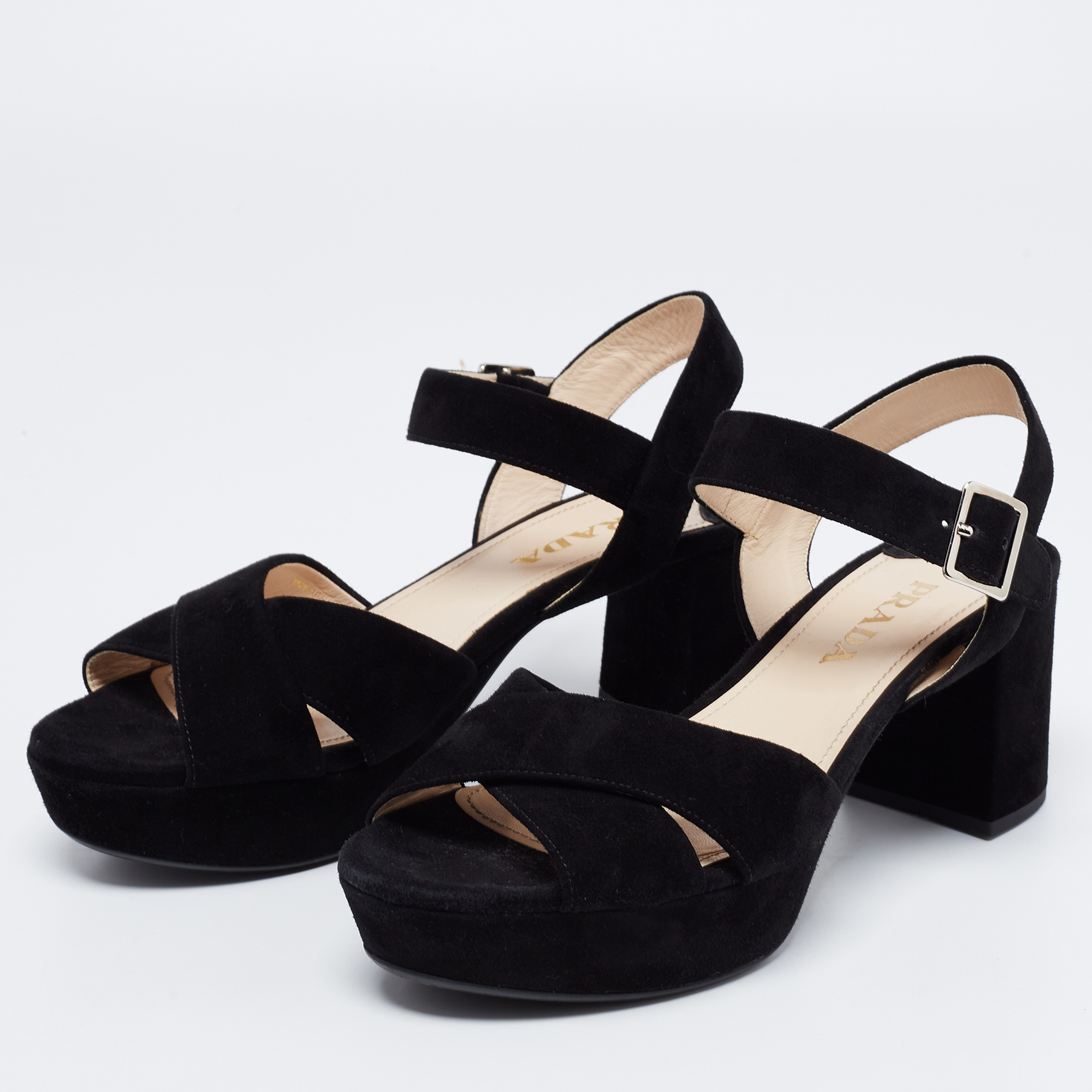 

Prada Black Suede Criss Cross Ankle Strap Platform Sandals Size