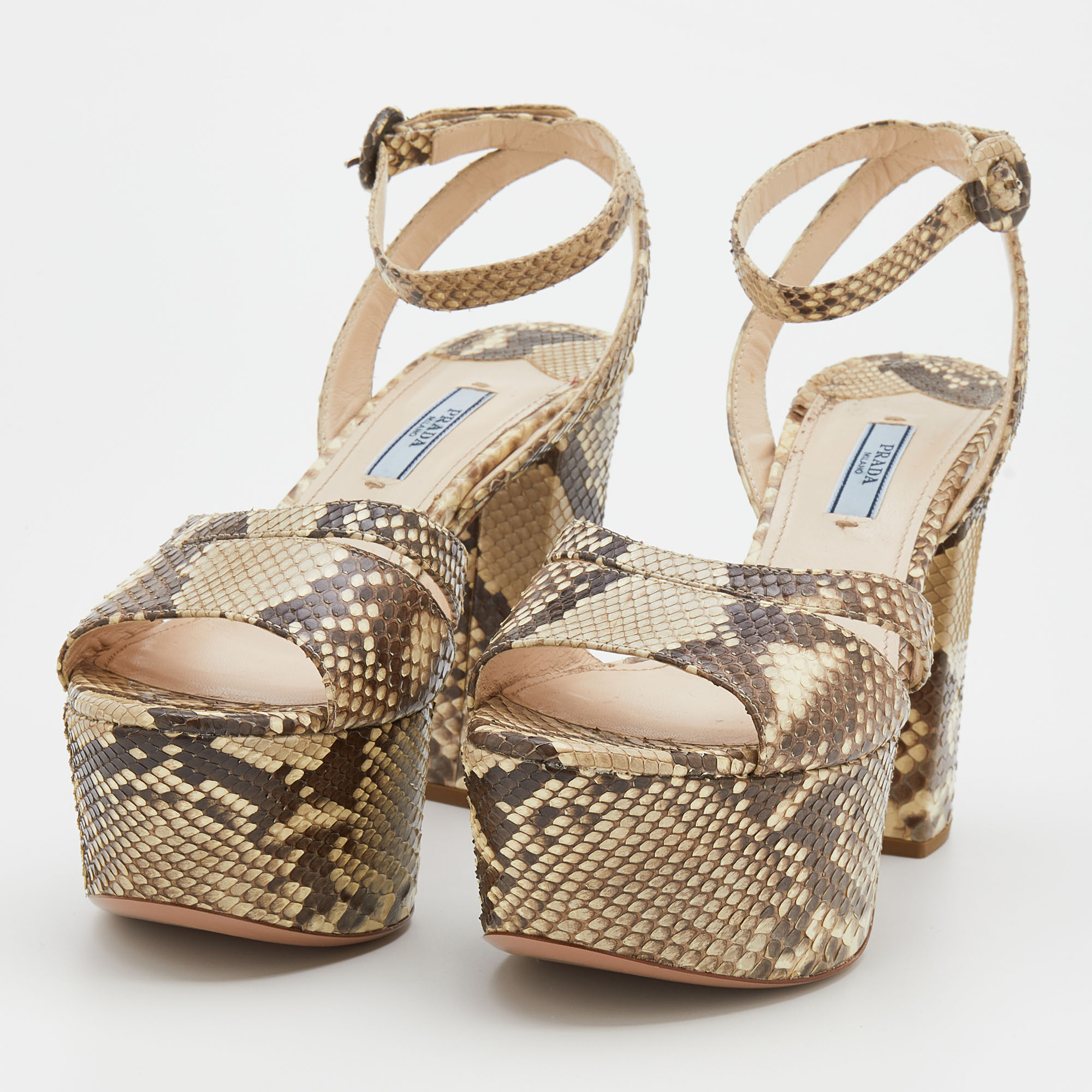 

Prada Beige/Brown Python Block Heel Platform Ankle Strap Sandals Size