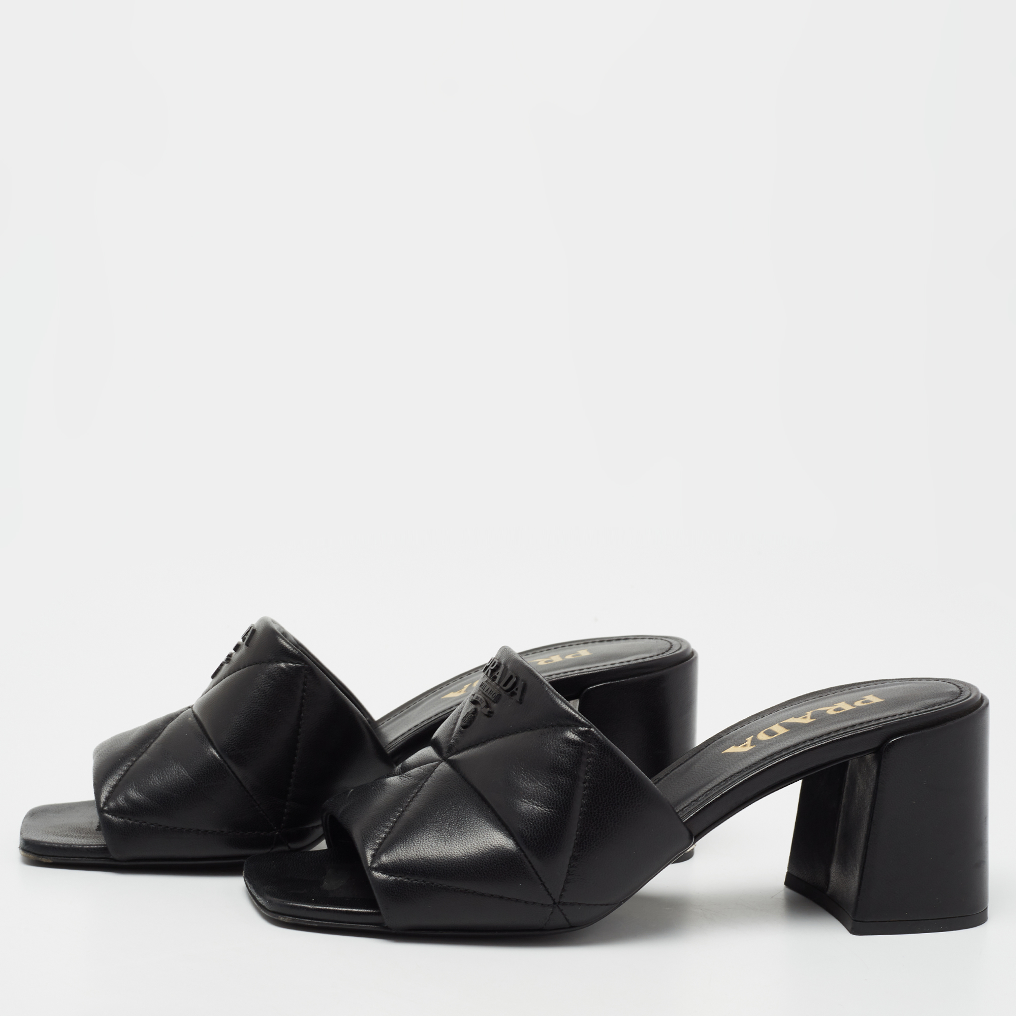 

Prada Black Quilted Leather Block-Heel Slide Sandals Size