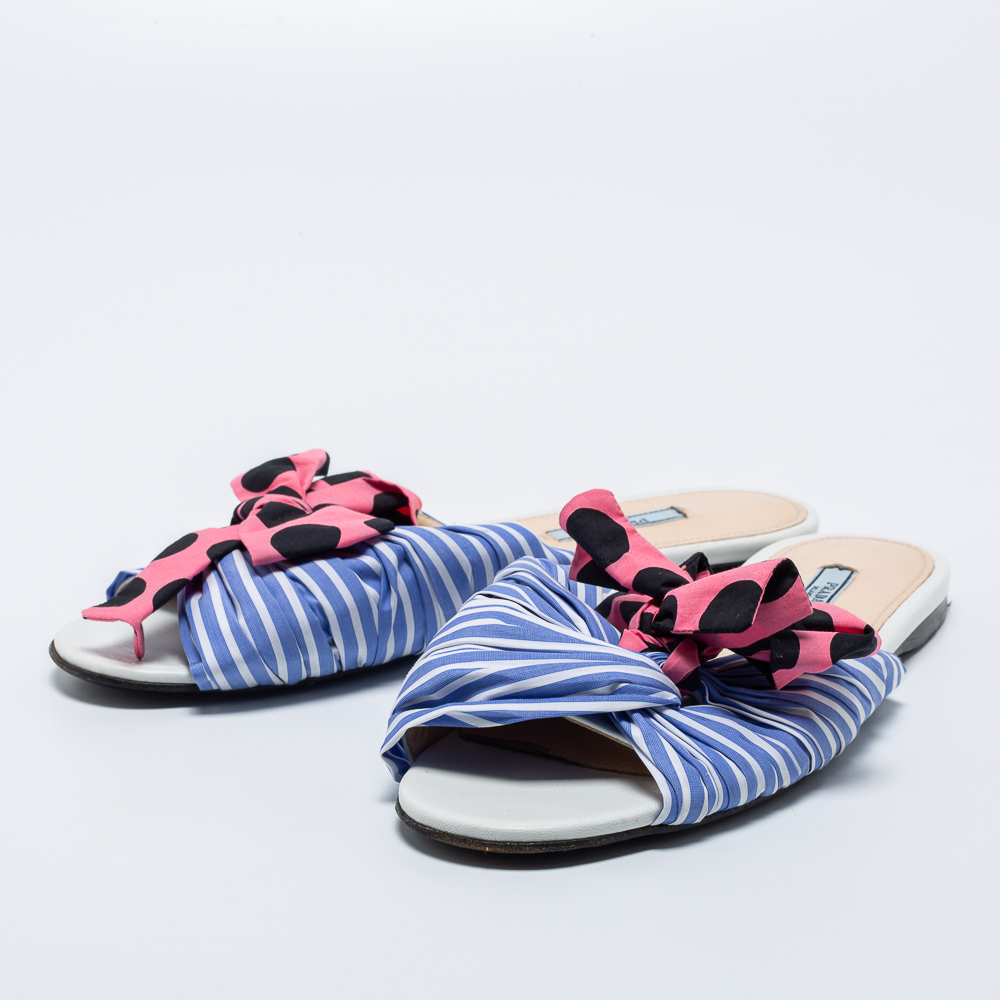 

Prada Blue/Pink Fabric Stripe Printed And Polka Dot Bow Detail Slide Sandals Size