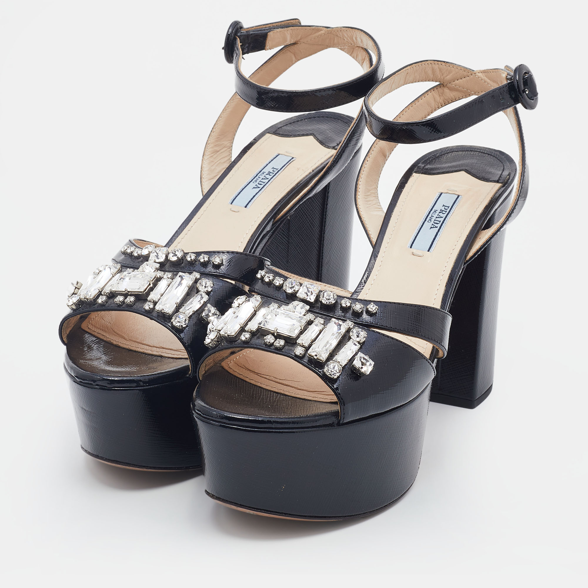 

Prada Black Saffiano Patent Leather Crystal Embellished Ankle Strap Platform Sandals Size
