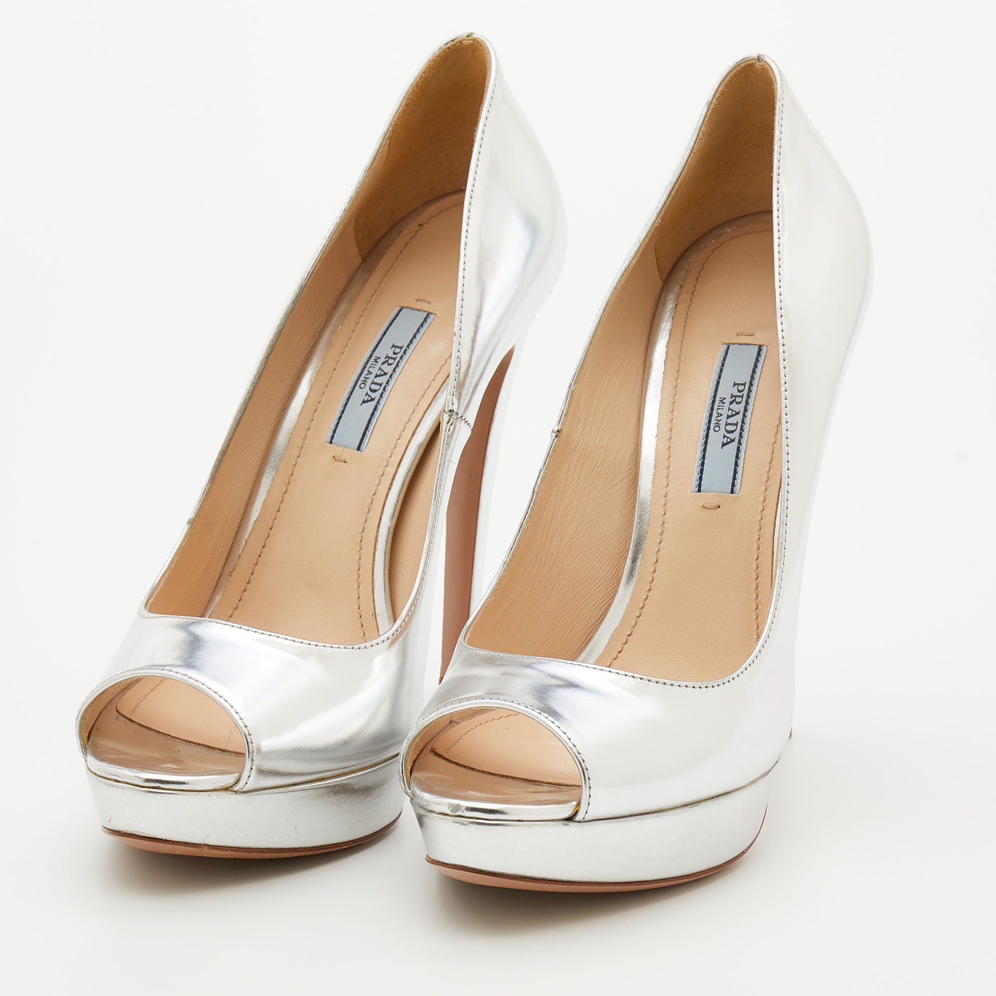 

Prada Silver Leather Peep Toe Platform Pumps Size