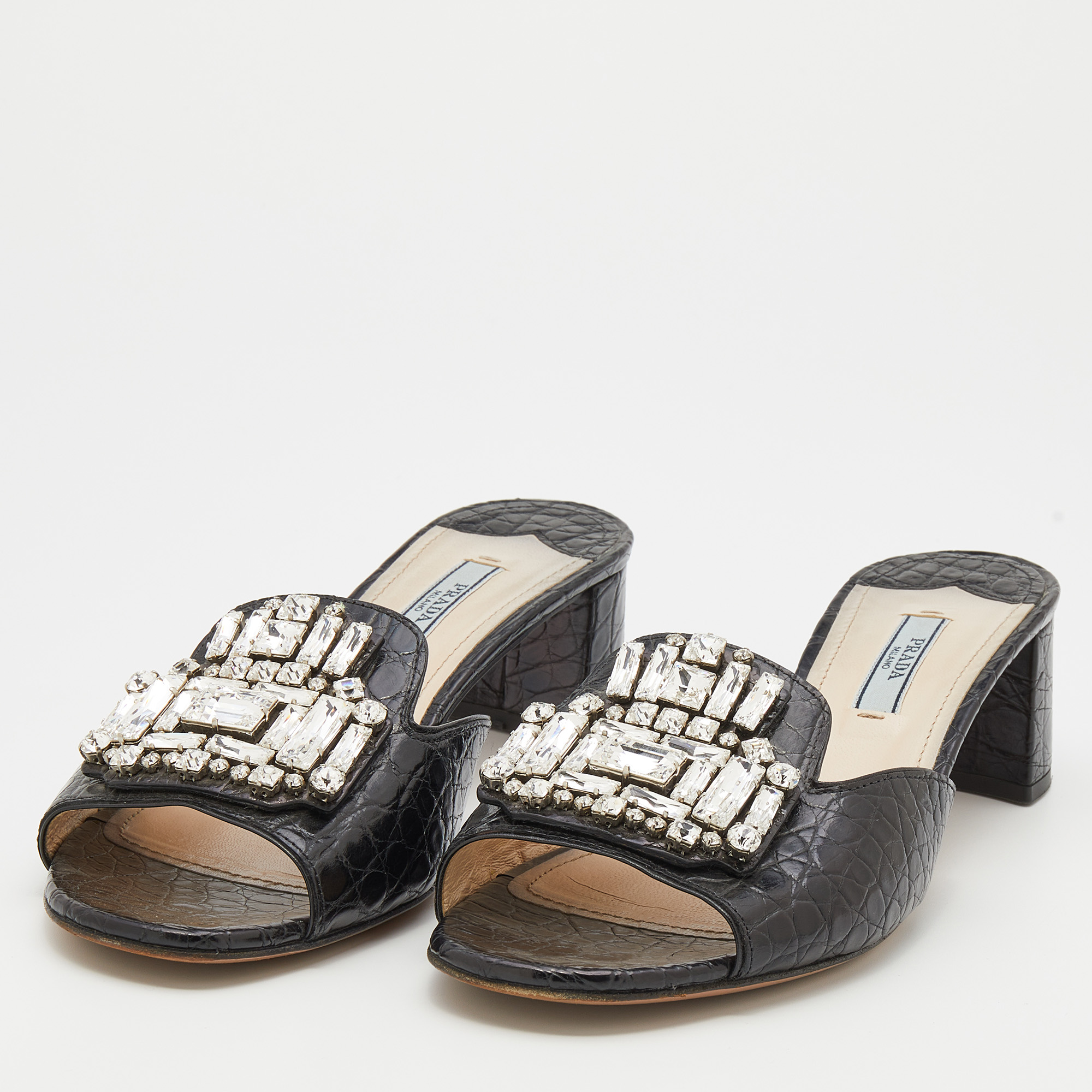 

Prada Black Croc Embossed Leather Crystal Embellished Slide Sandals Size