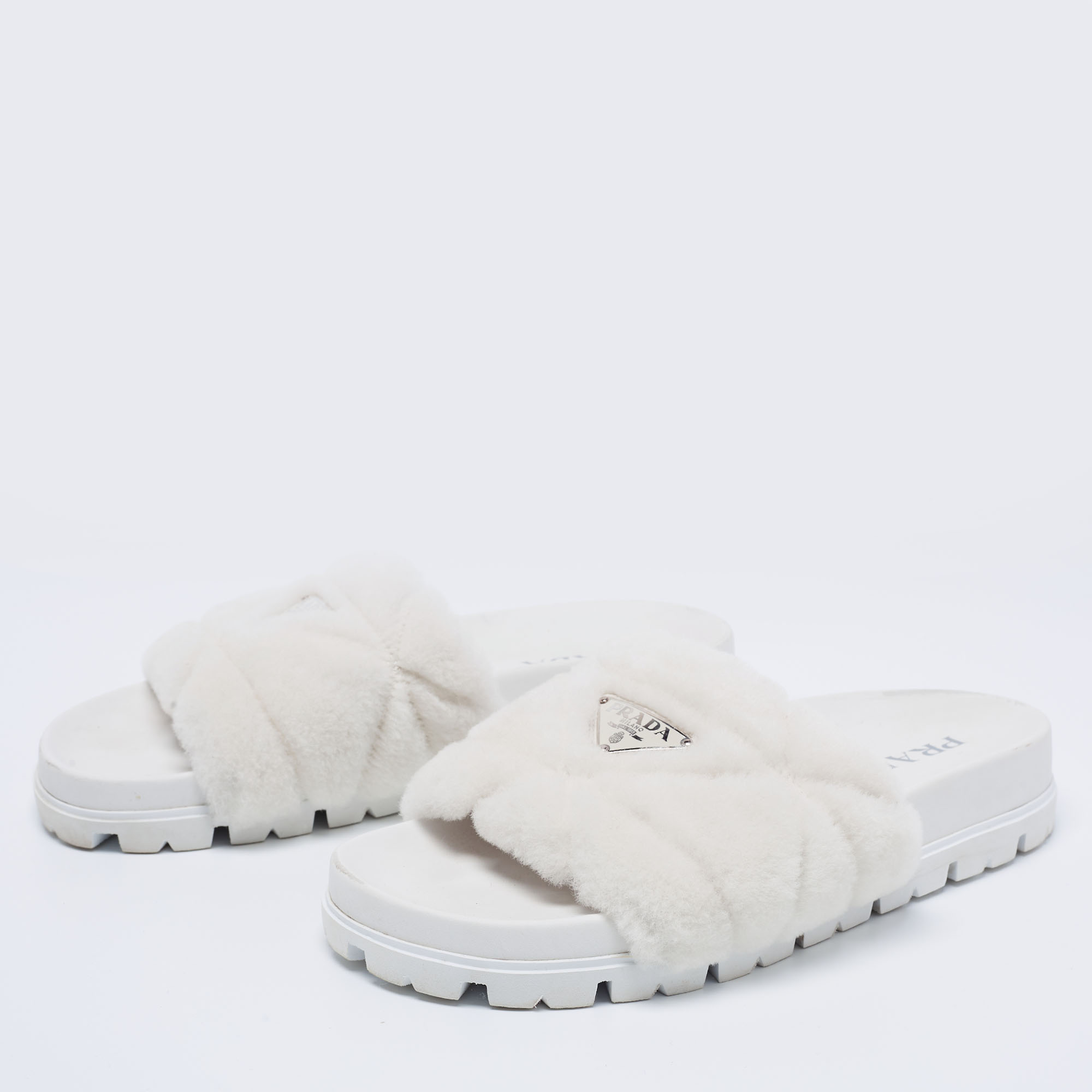 

Prada White Shearling Logo Slide Sandals Size