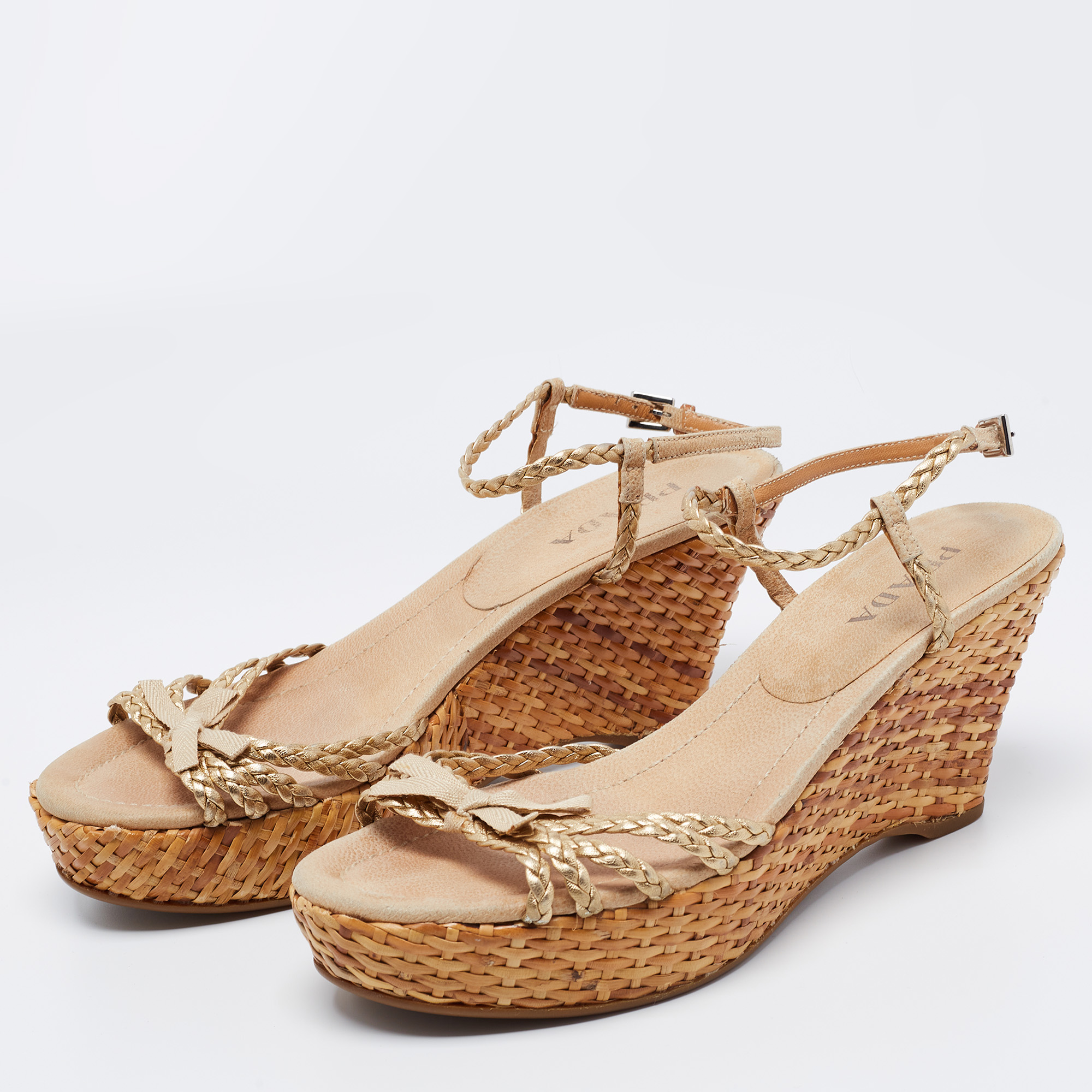 

Prada Metallic Gold Braided Leather Rattan Basket Weave Platform Wedge Ankle Strap Sandals Size