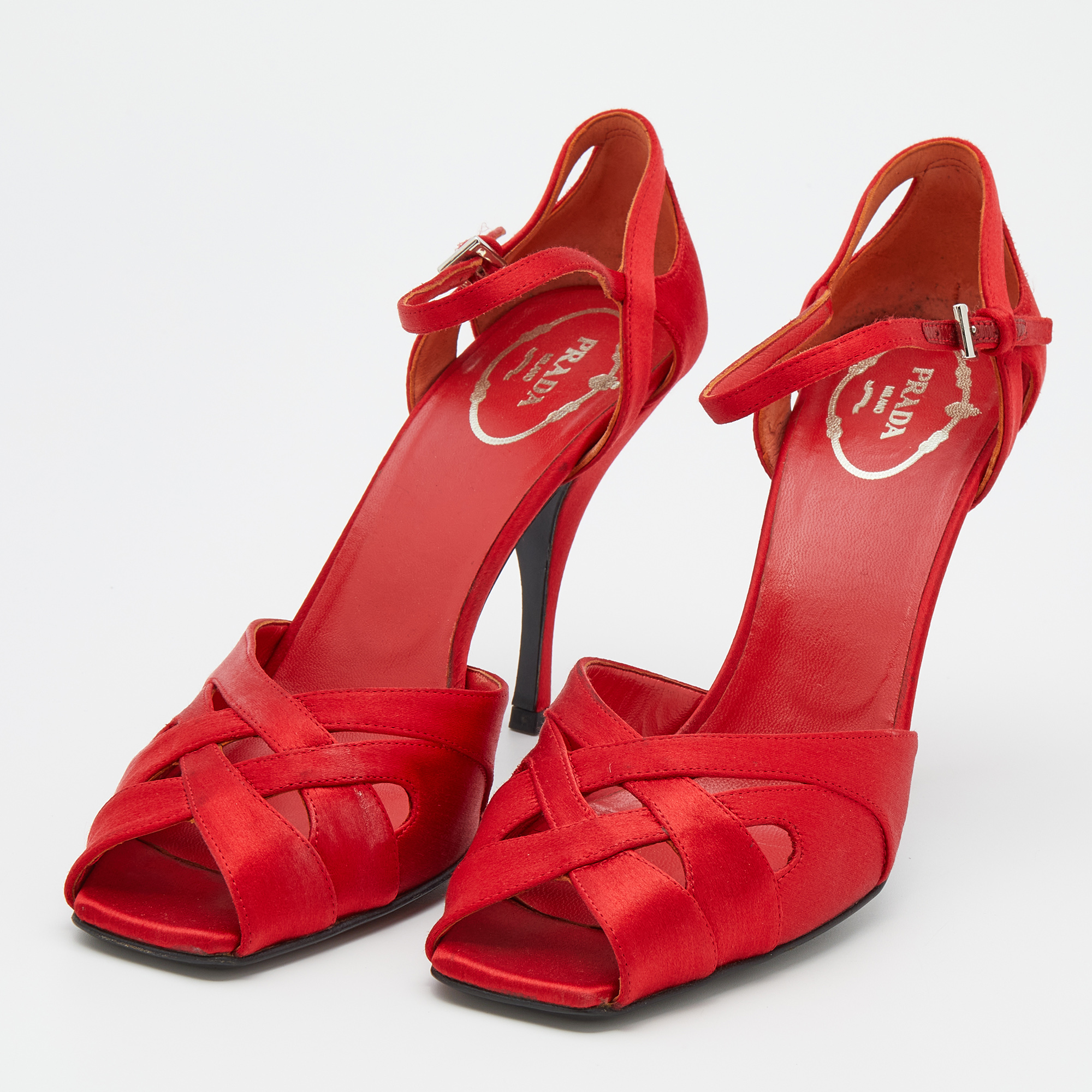 

Prada Red Satin Ankle Strap Sandals Size
