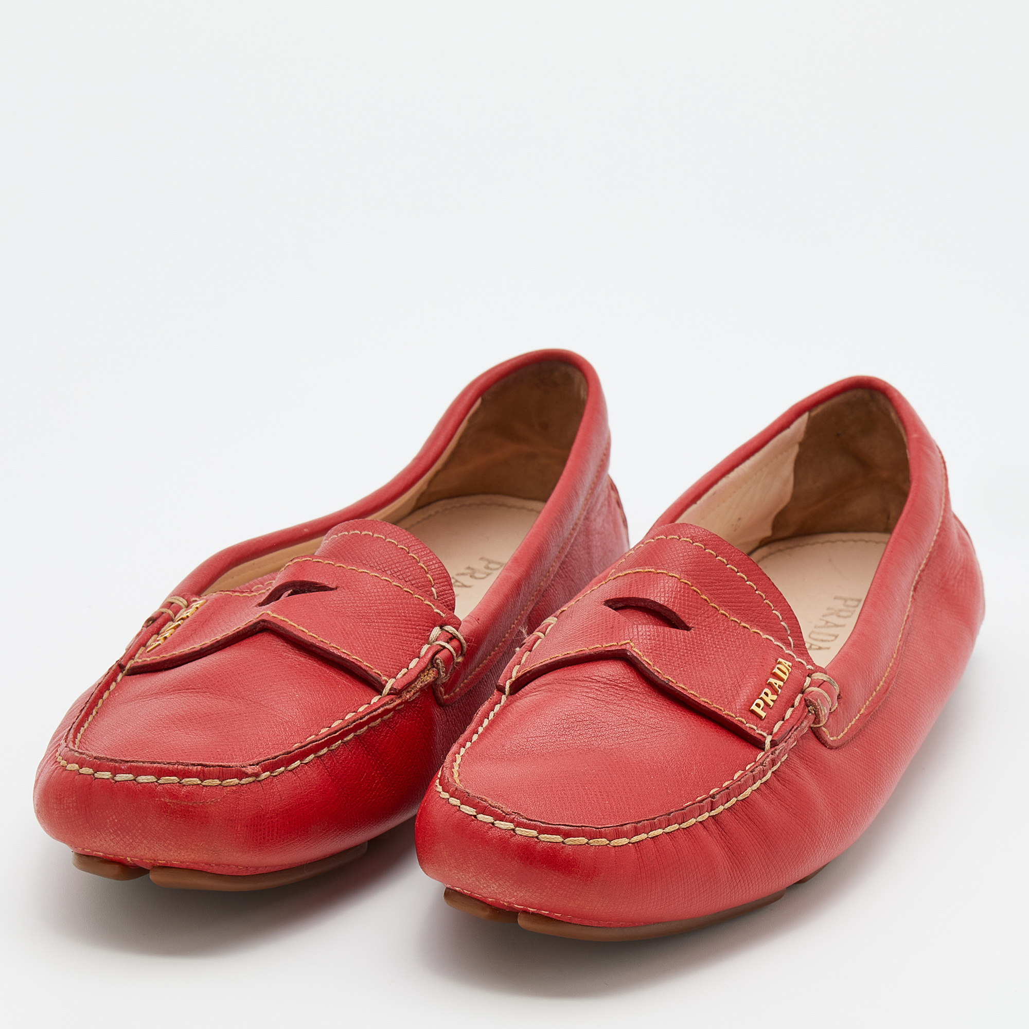 

Prada Red Leather Penny Slip On Loafers Size