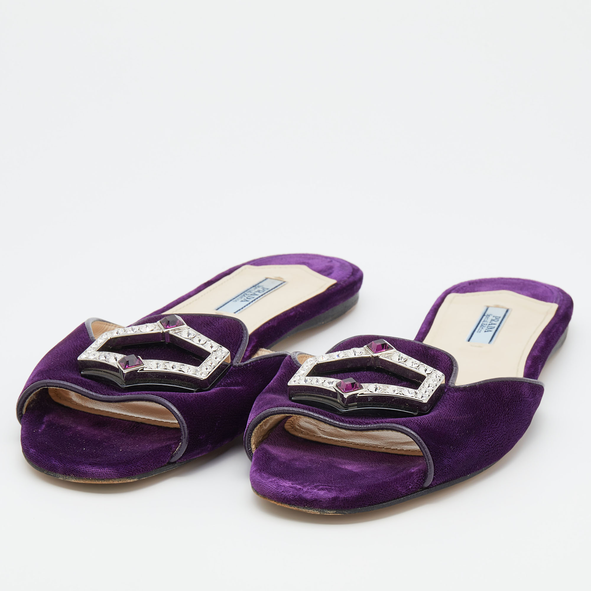 

Prada Purple Velvet And Leather Crystal Embellished Flat Slide Sandals Size