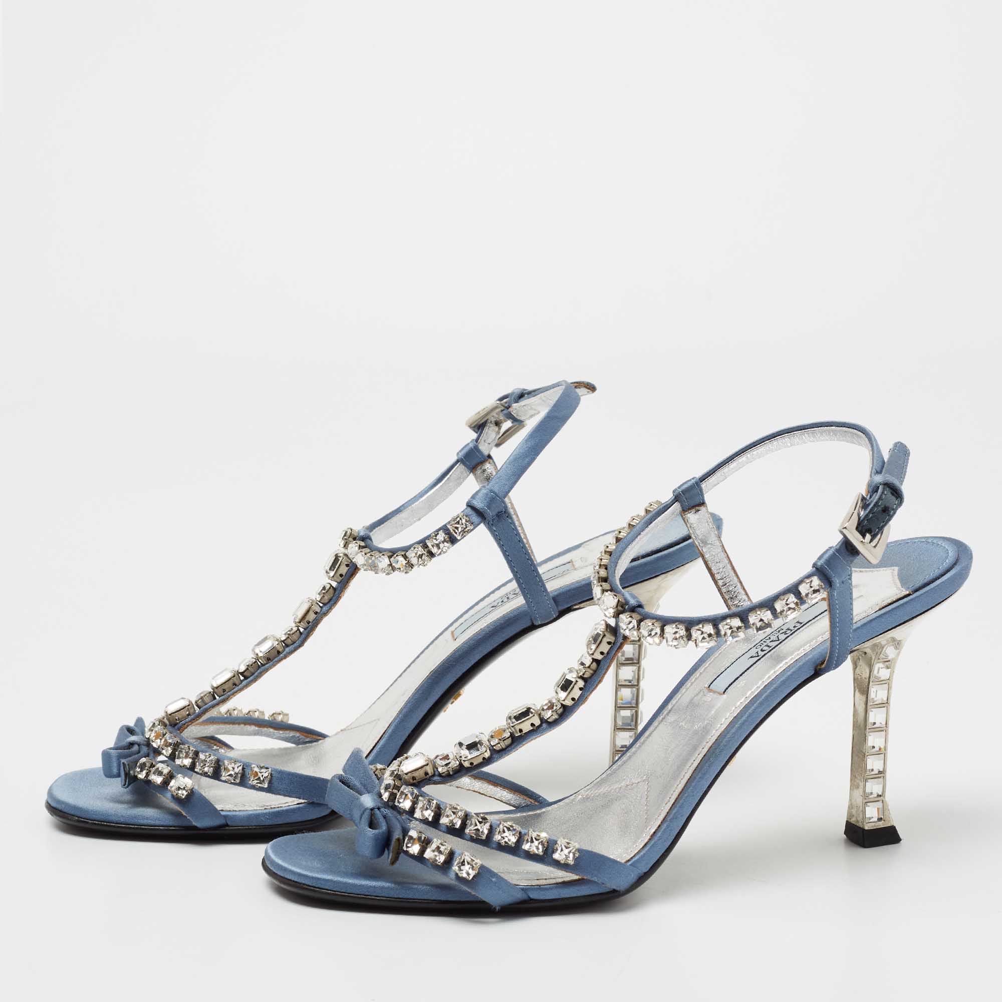 

Prada Blue Satin Crystal Studded Ankle Strap Sandals Size