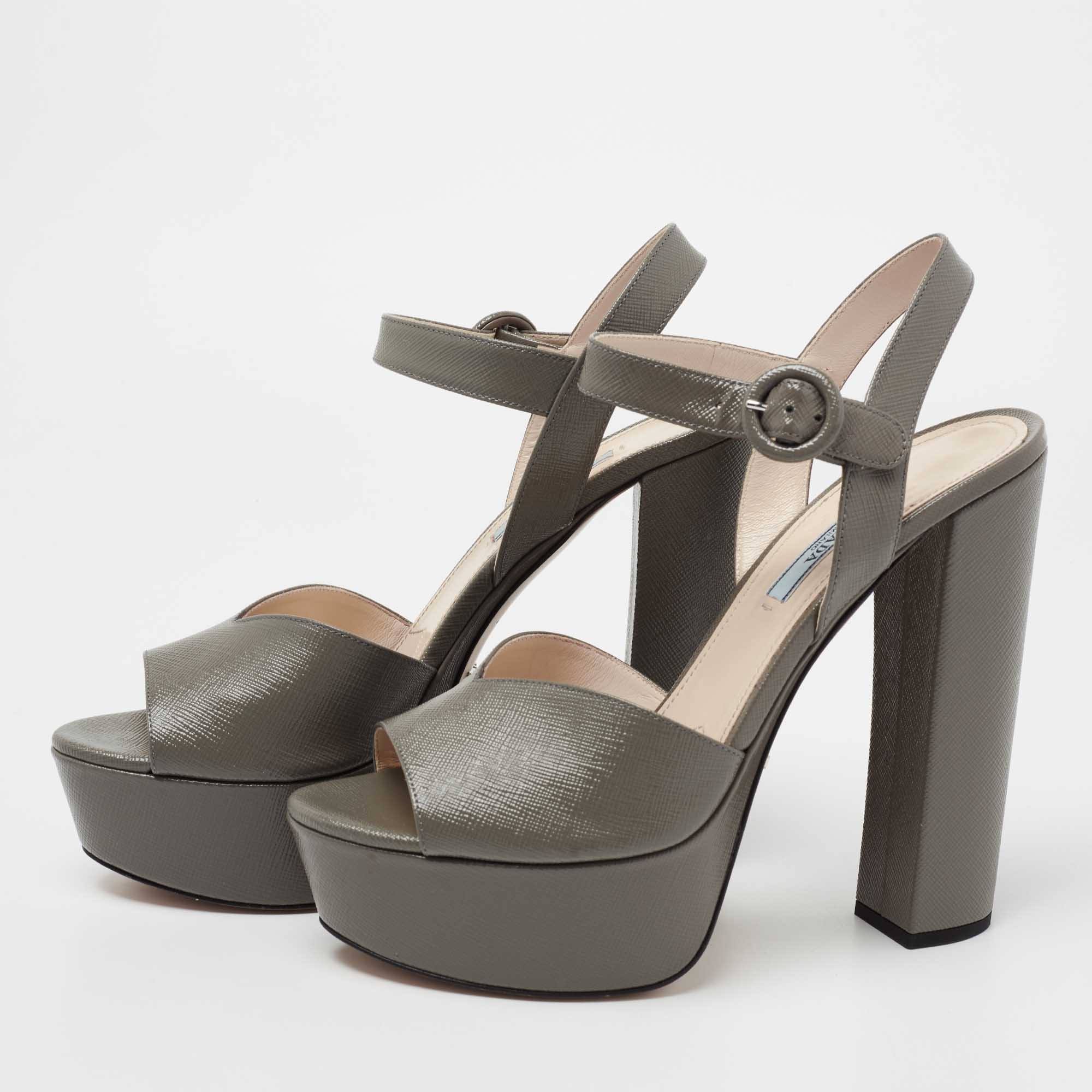 

Prada Dark Grey Saffiano Patent Leather Platform Ankle Strap Sandals Size