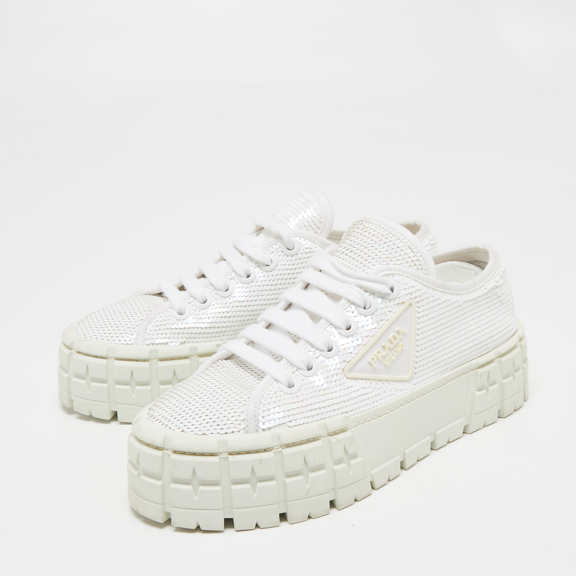 

Prada White Sequins Double Wheel Low-Top Sneakers Size