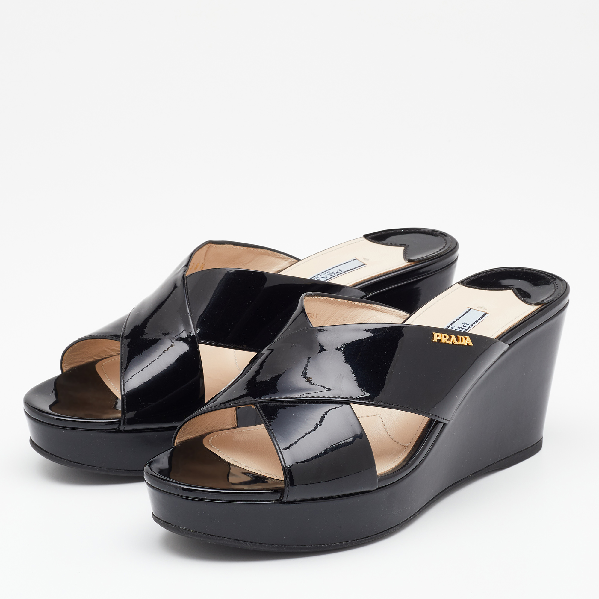 

Prada Black Patent Leather Criss Cross Wedge Platform Slide Sandals Size