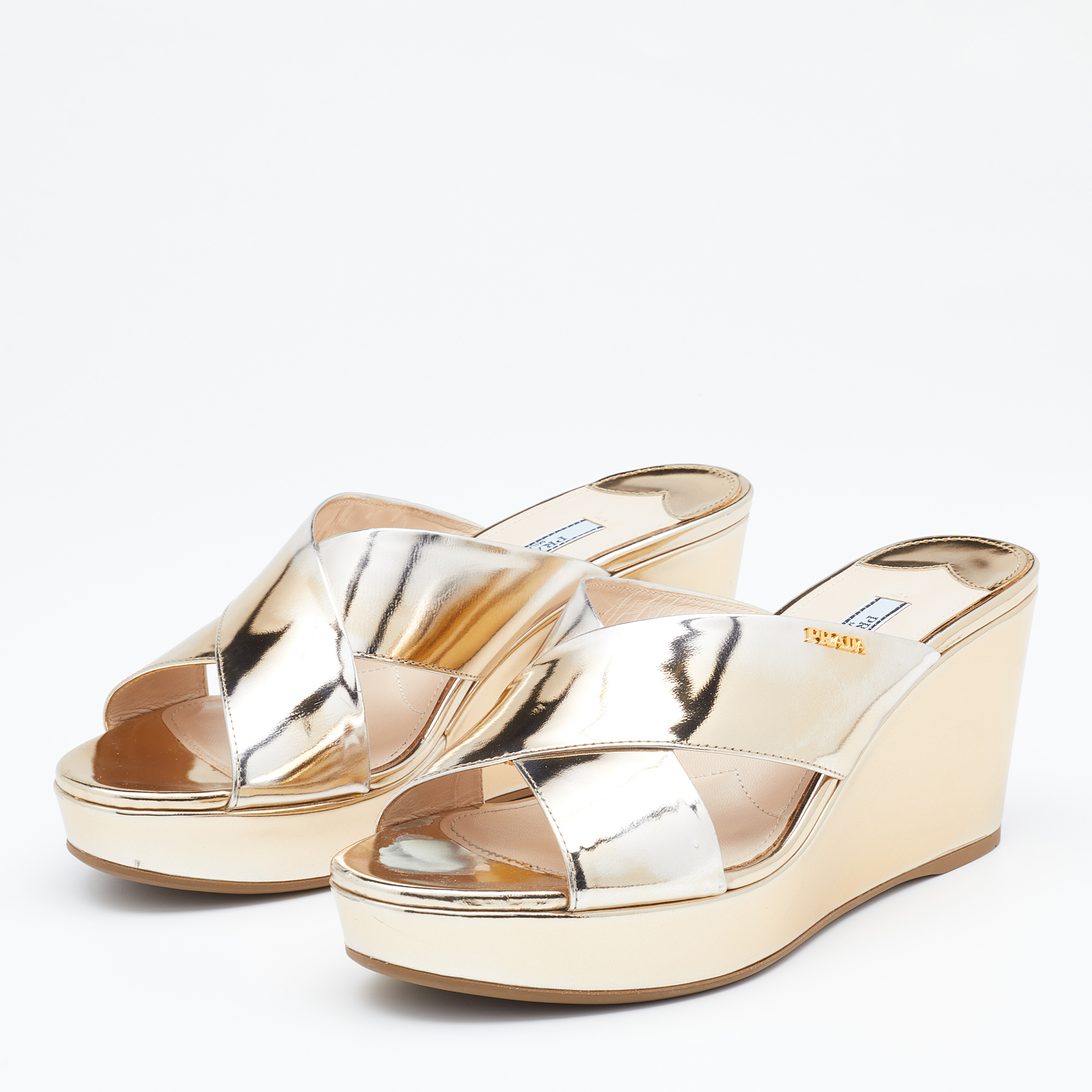 

Prada Gold Patent Leather Criss Cross Wedge Platform Slide Sandals Size