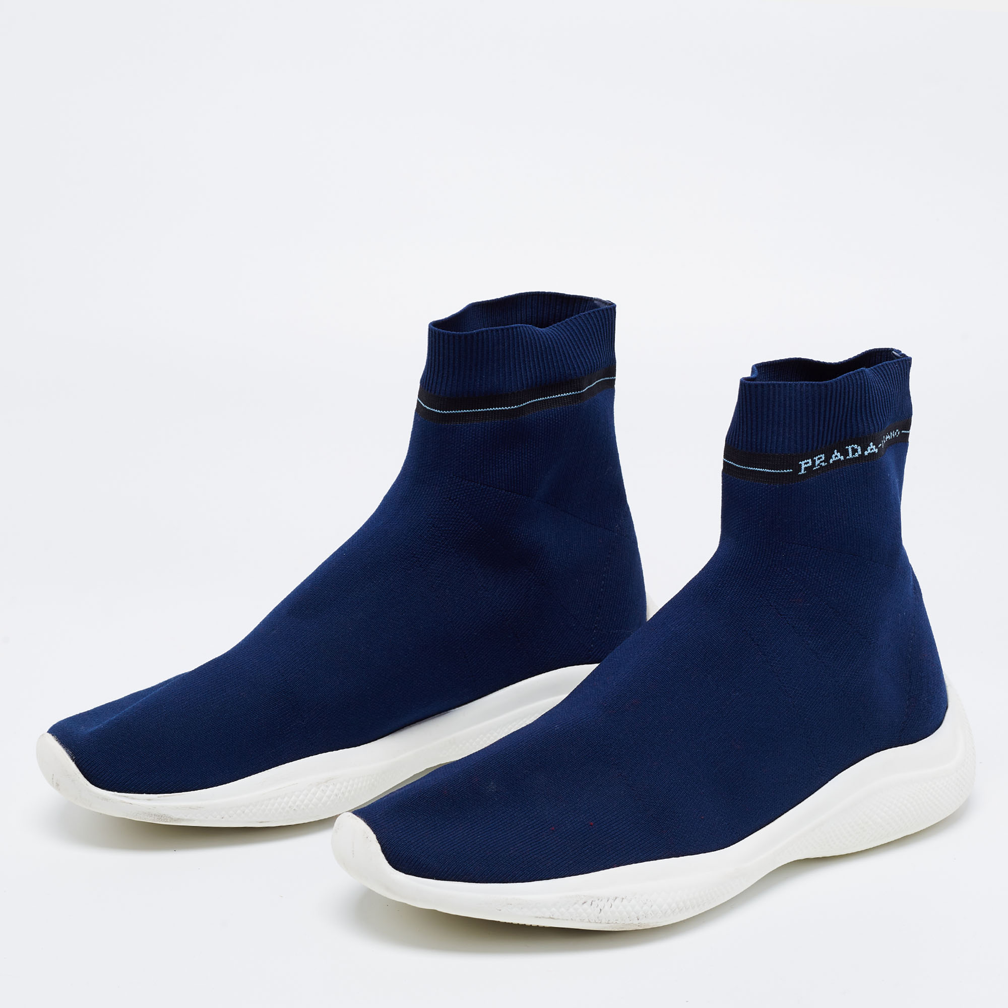 

Prada Sport Navy Blue Knit Fabric High Top Sneakers Size