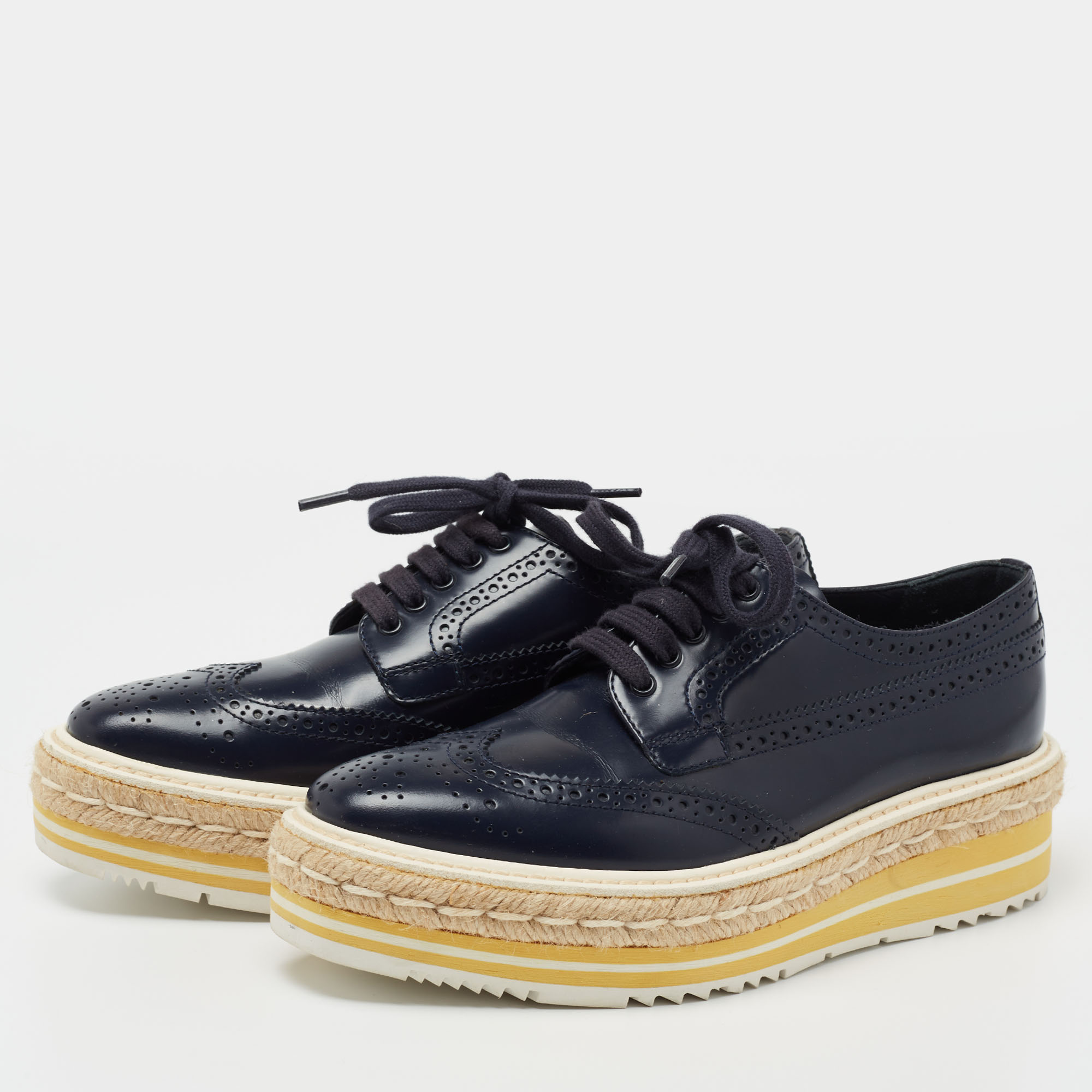 

Prada Blue Leather Brogue Espadrille Platform Sneakers Size