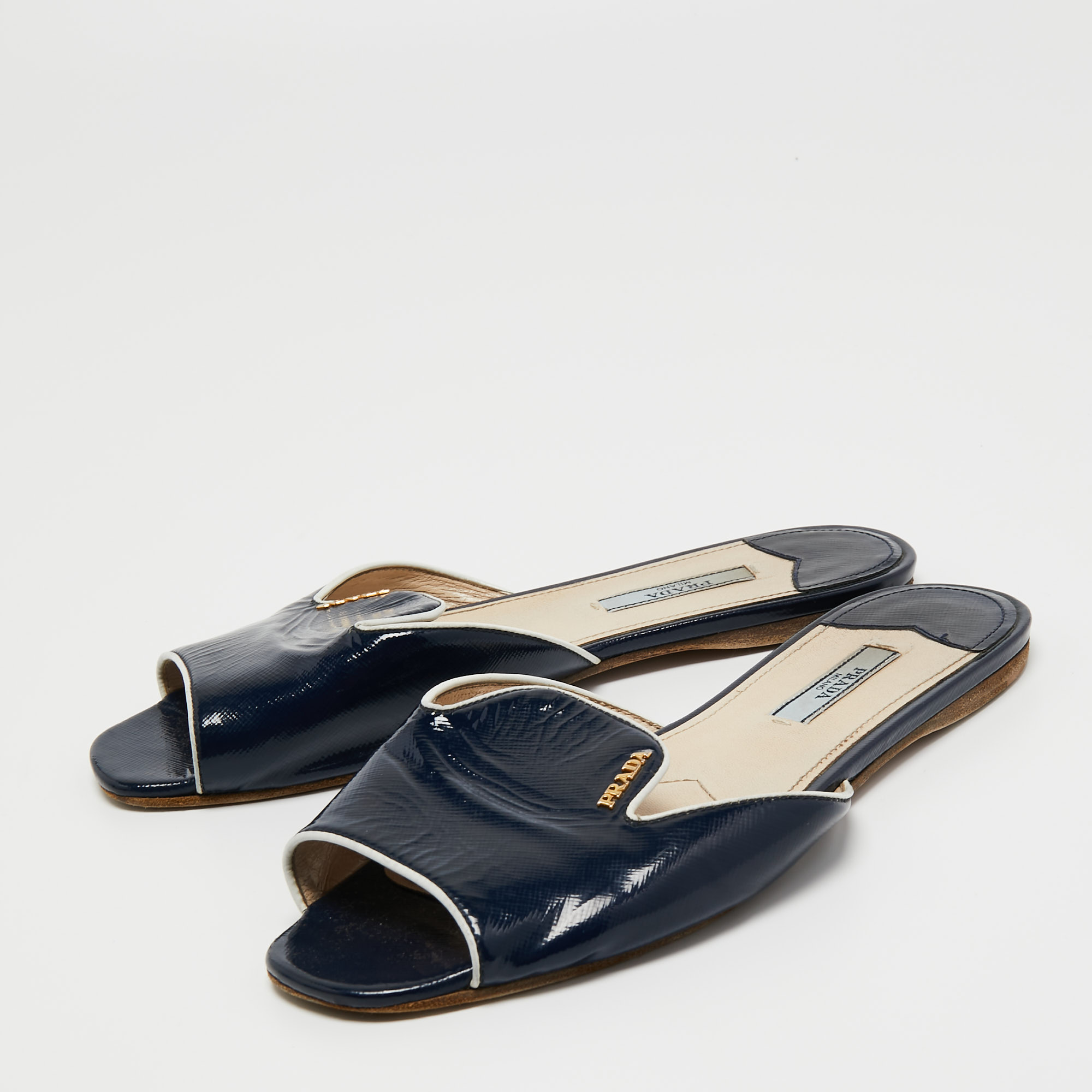 

Prada Blue /White Saffiano Leather Slide Sandals Size