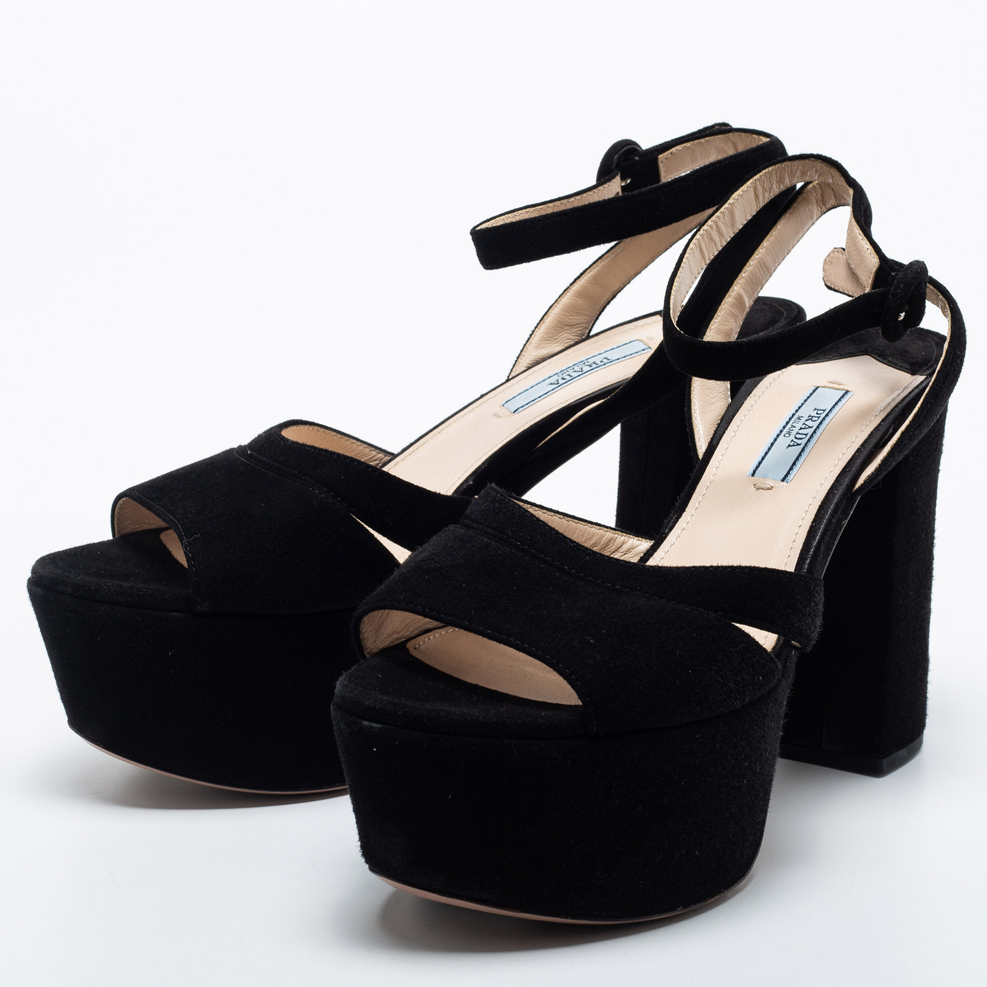 

Prada Black Suede Ankle Strap Block Heel Platform Sandals Size