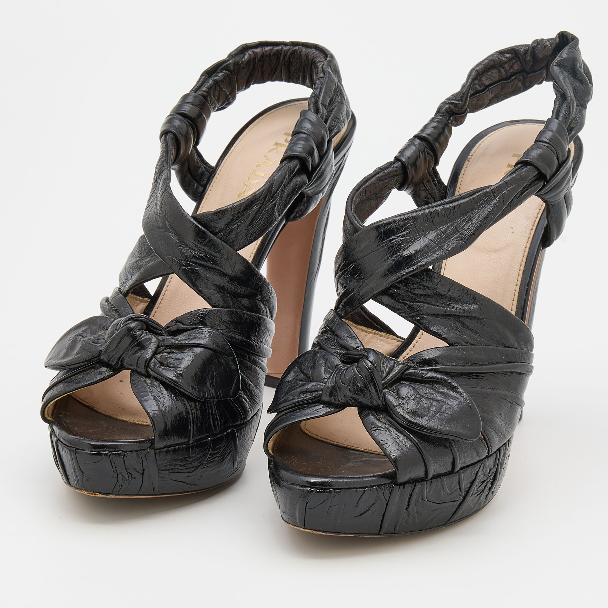 

Prada Black Distressed Wrinkled Leather Ankle Strap Platform Sandals Size