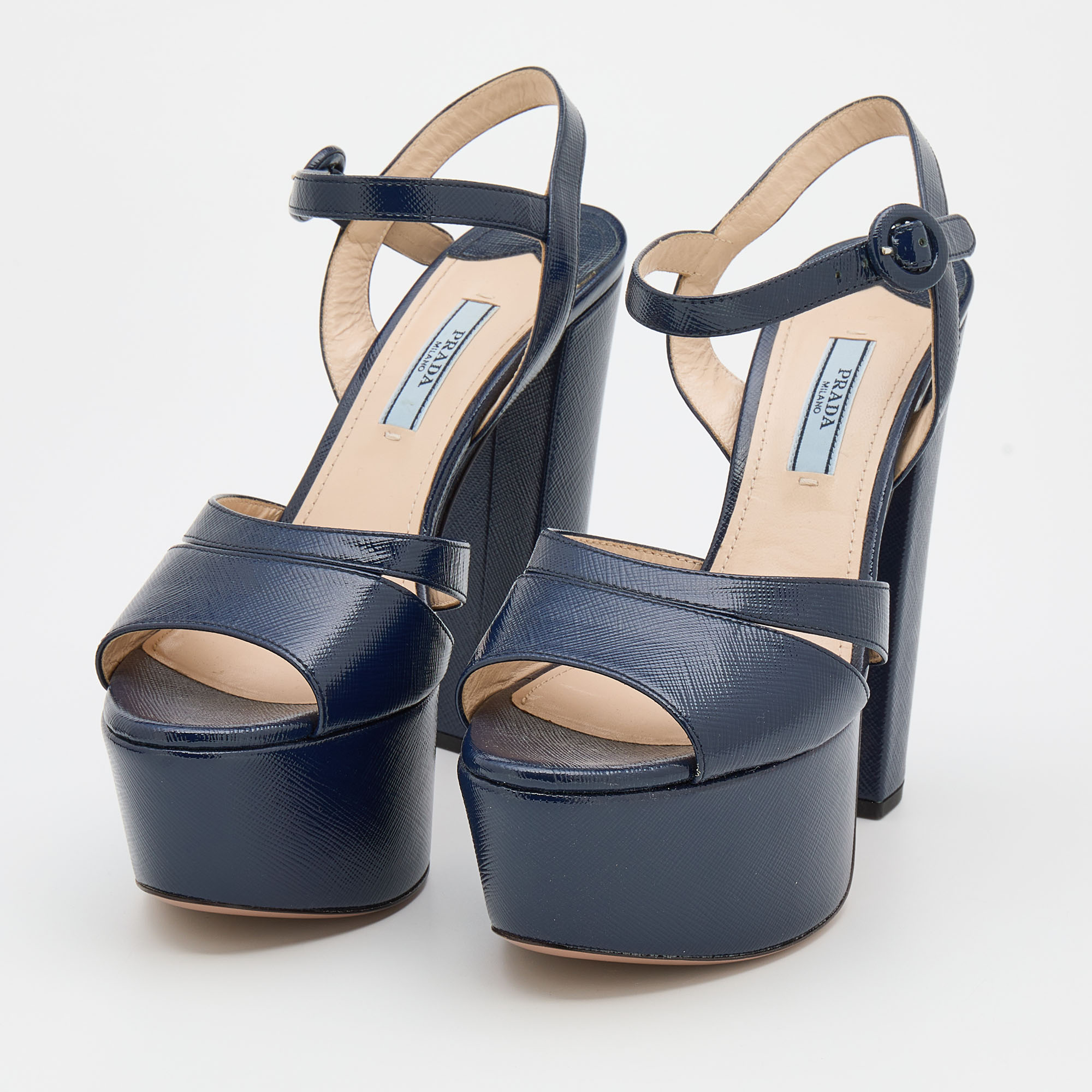 

Prada Navy Blue Patent Leather Ankle Strap Platform Sandals Size