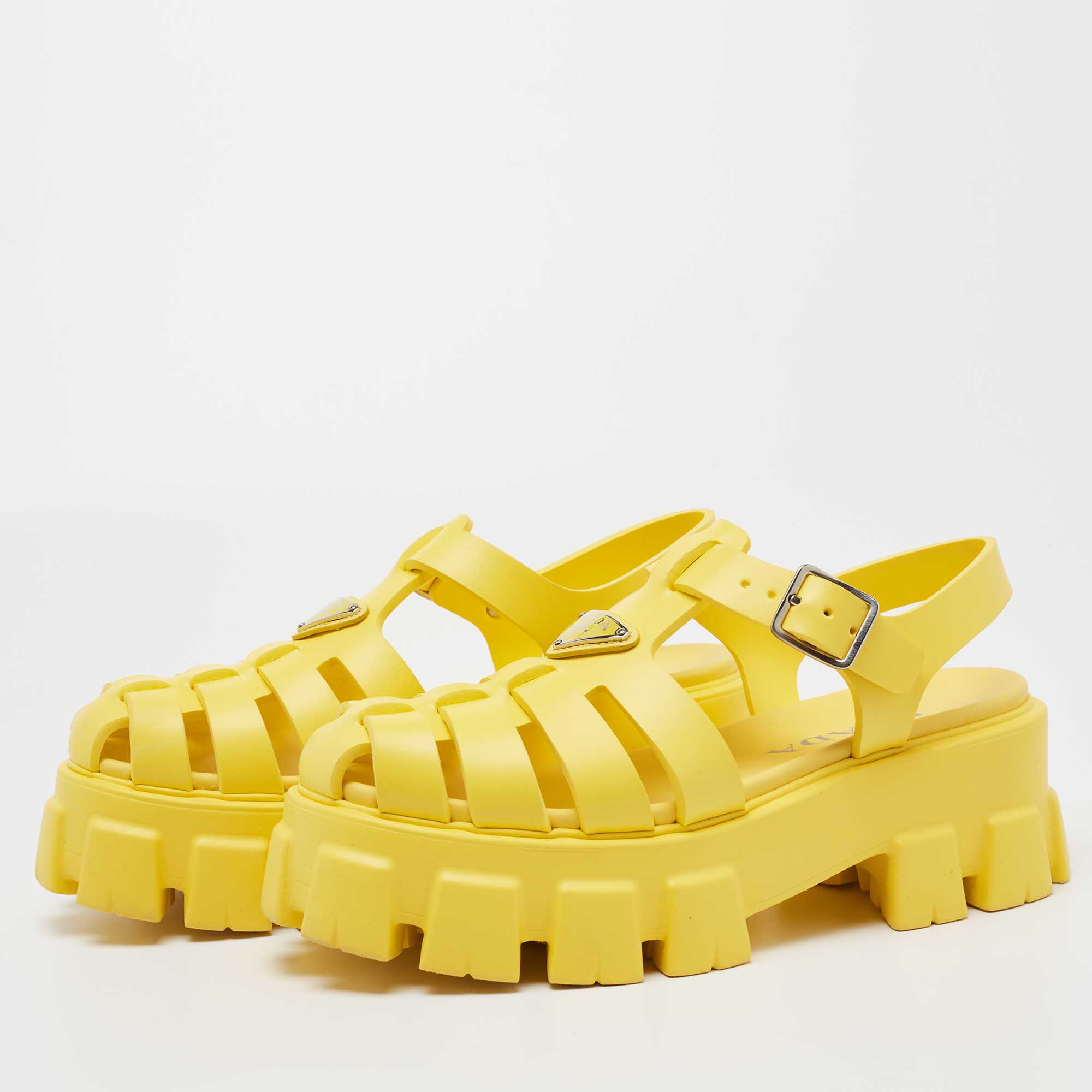 

Prada Sunny Yellow Rubber Soft Cage Platform Sandals Size