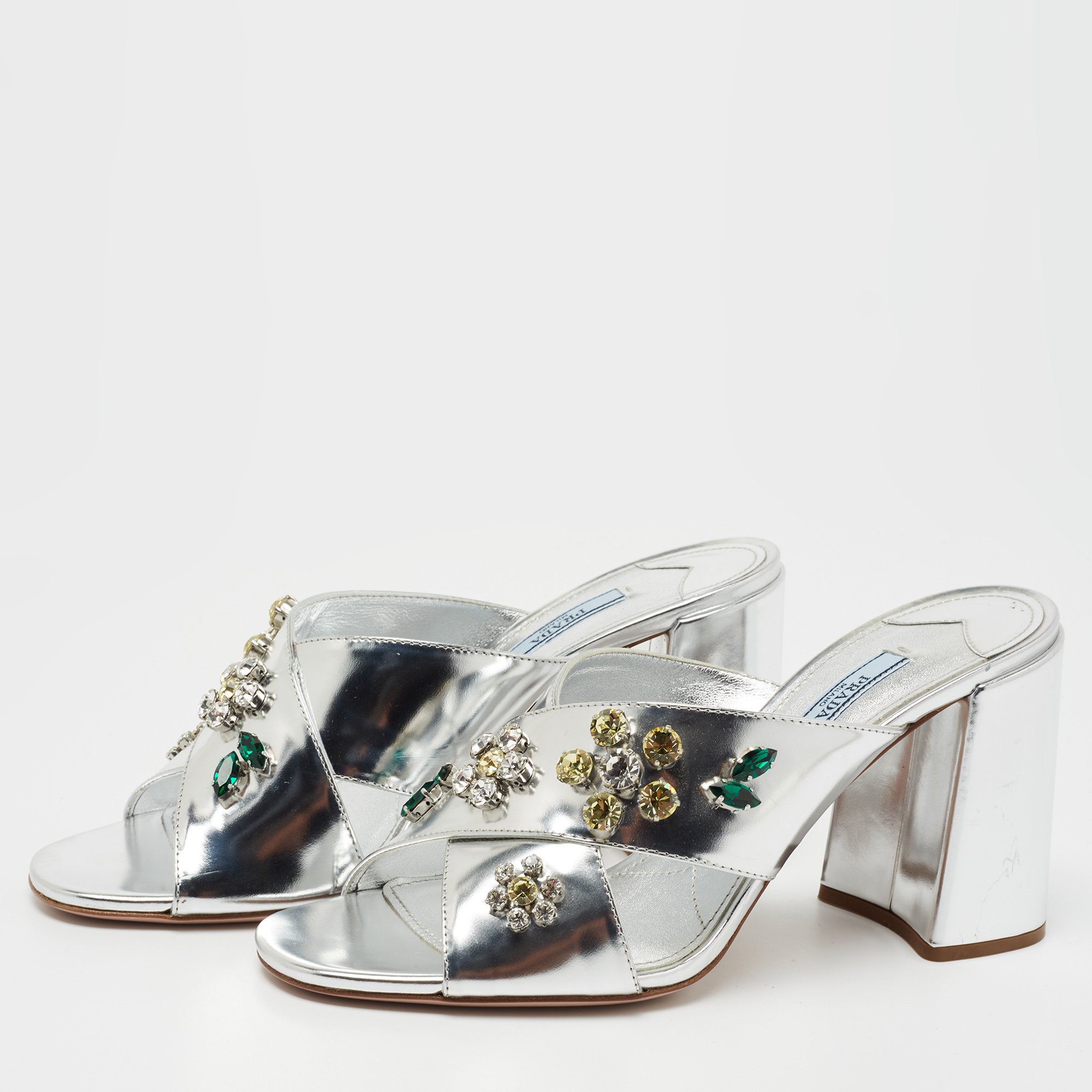 

Prada Silver Patent Leather Crisscross Embellished Sandals Size