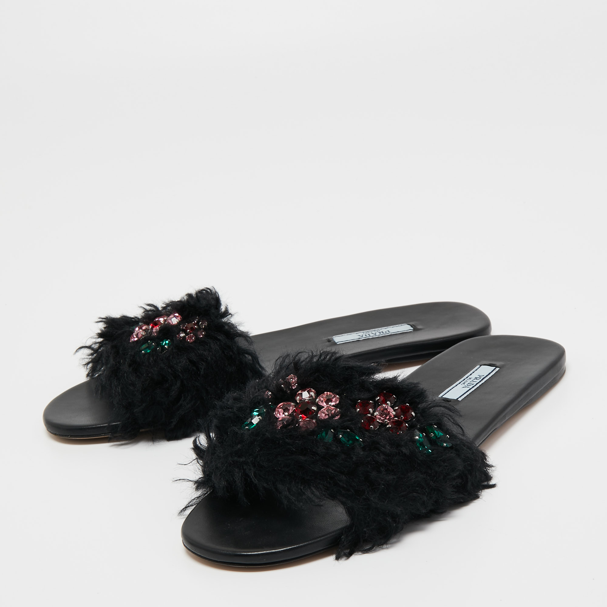 

Prada Black Fur Crystal Embellished Flat Slides Size