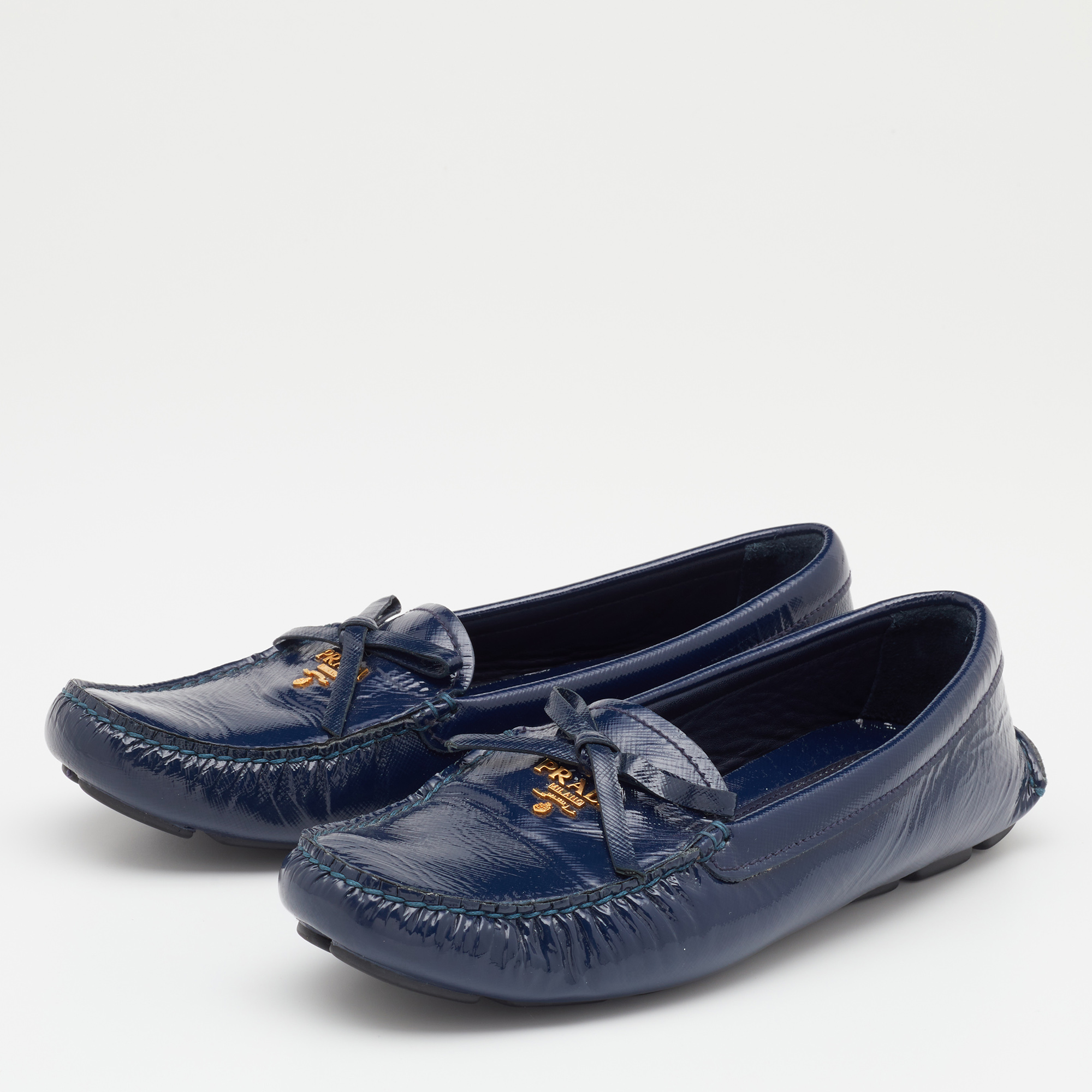

Prada Navy Blue Patent Leather Bow Slip On Loafers Size