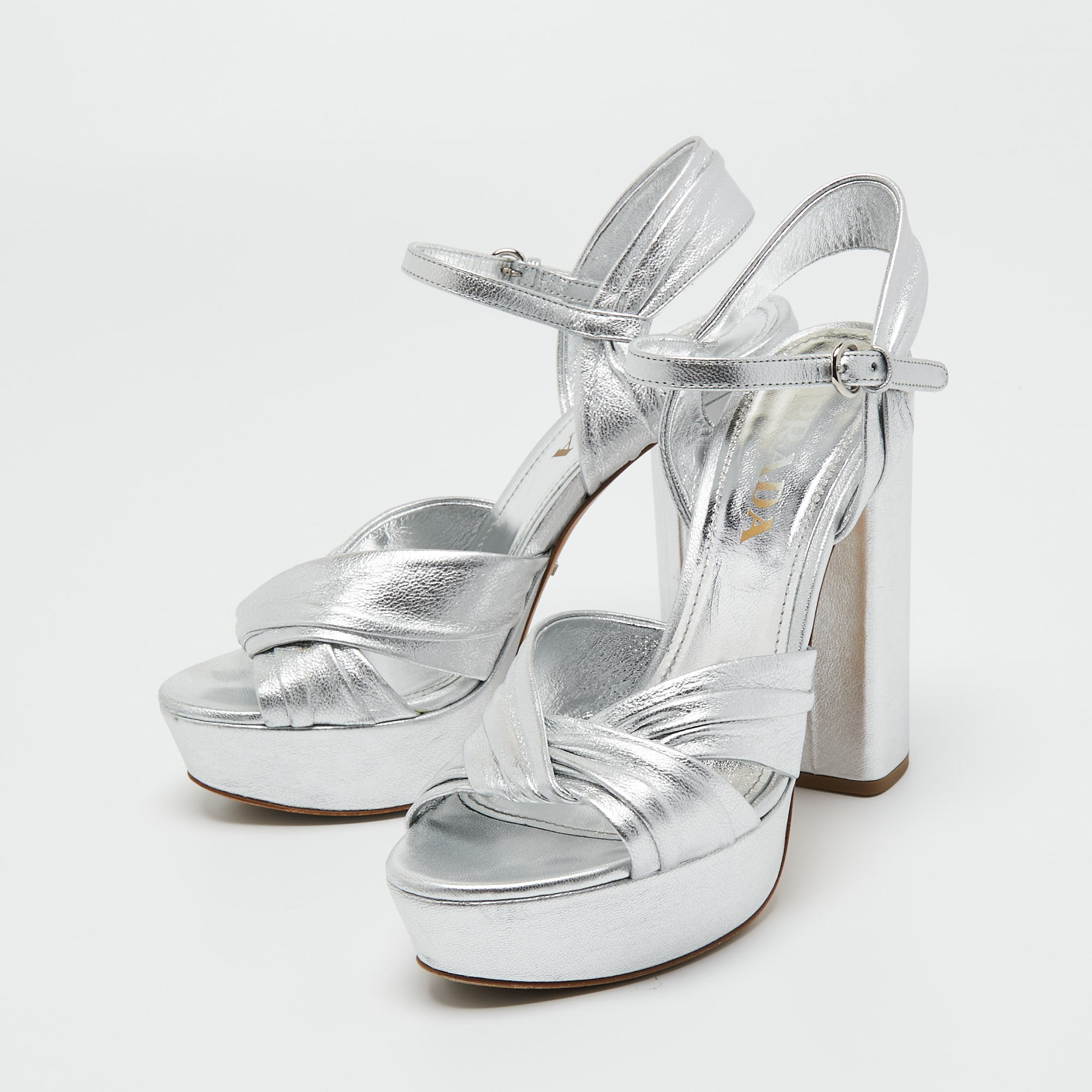 

Prada Silver Leather Ankle Strap Sandals Size