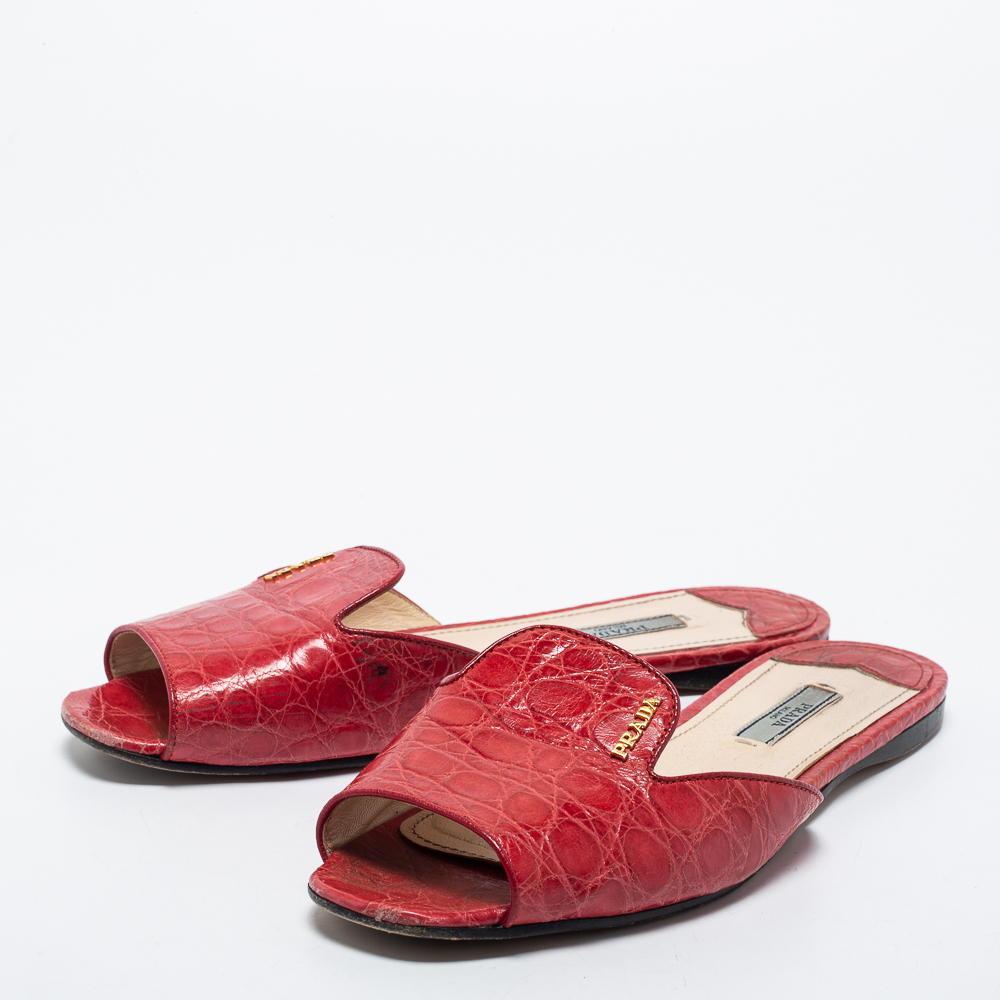 

Prada Red Croc Embossed Leather Slides Size