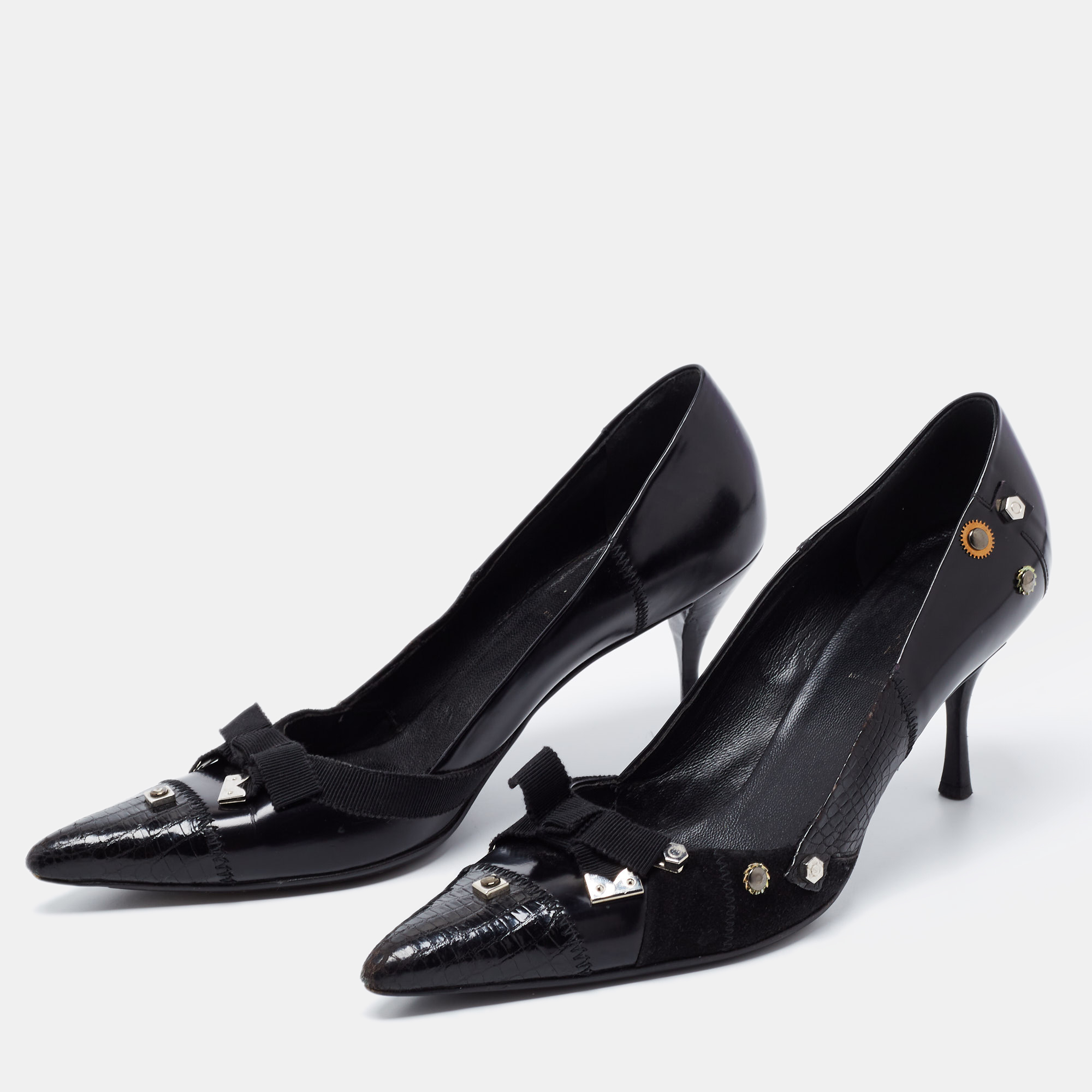 

Prada Black Croc Embossed and Leather Studded Pumps Size