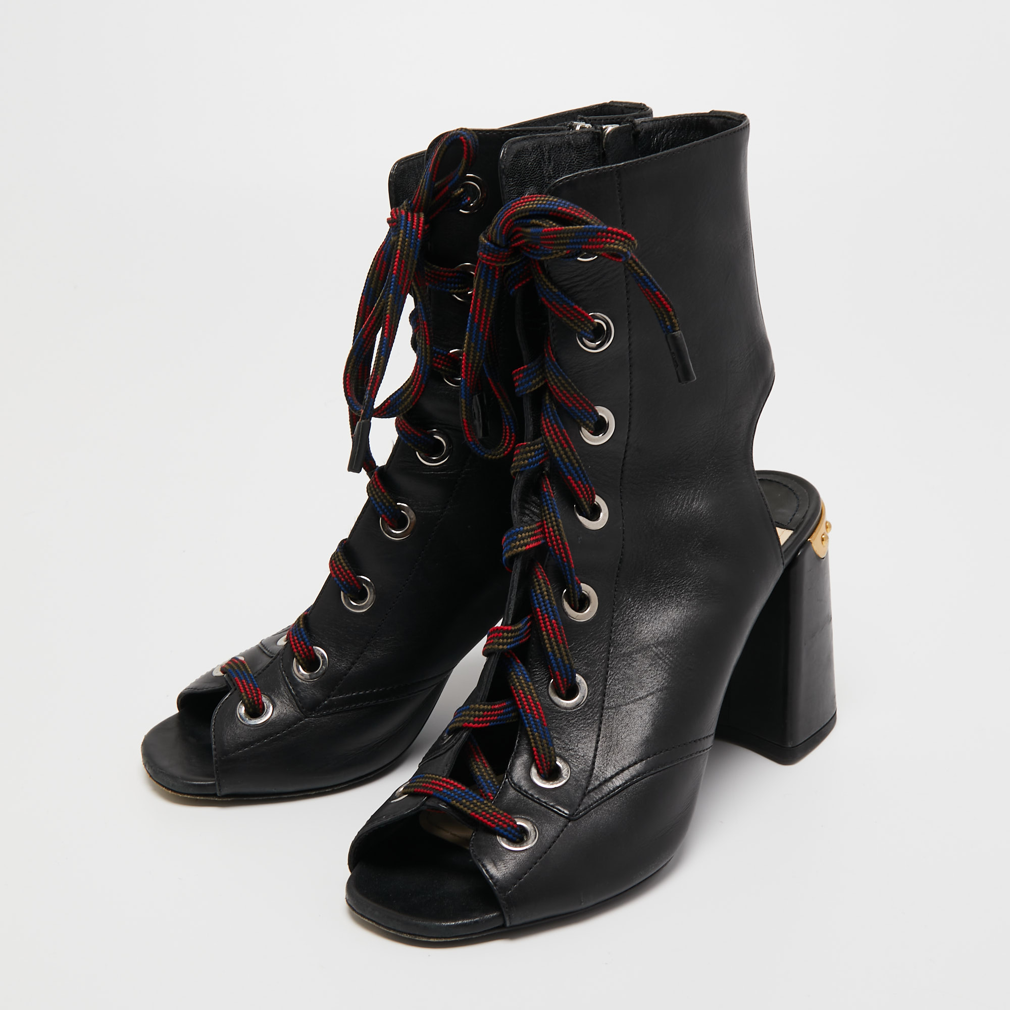 

Prada Black Leather Cut Out Lace Up Open Toe Block Heel Ankle Boots Size