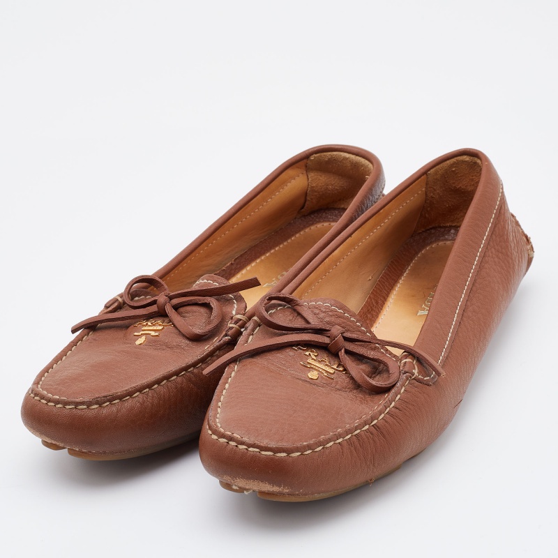 

Prada Brown Leather Bow Slip On Loafers Size