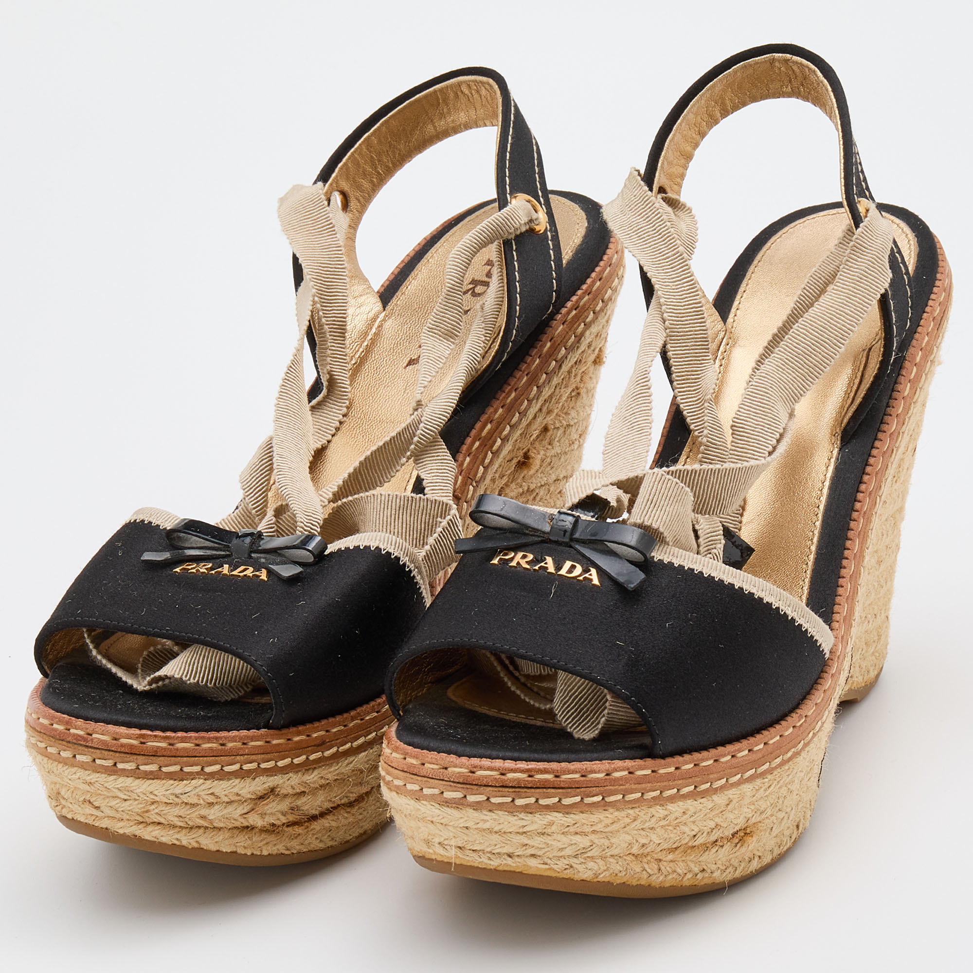 

Prada Black Satin and Fabric Espadrille Platform Wedge Sandals Size