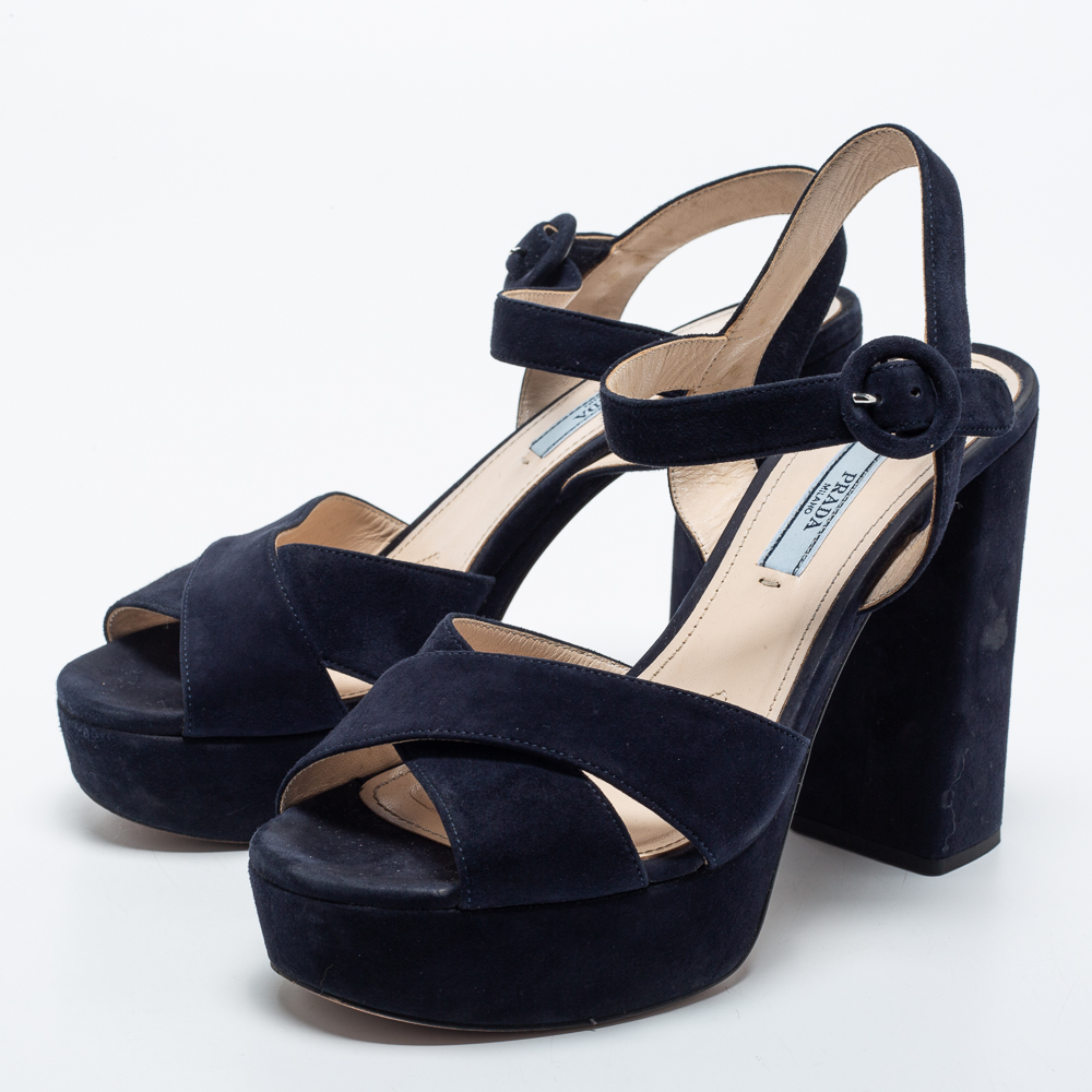 

Prada Navy Blue Suede Criss Cross Platform Ankle Strap Sandals Size