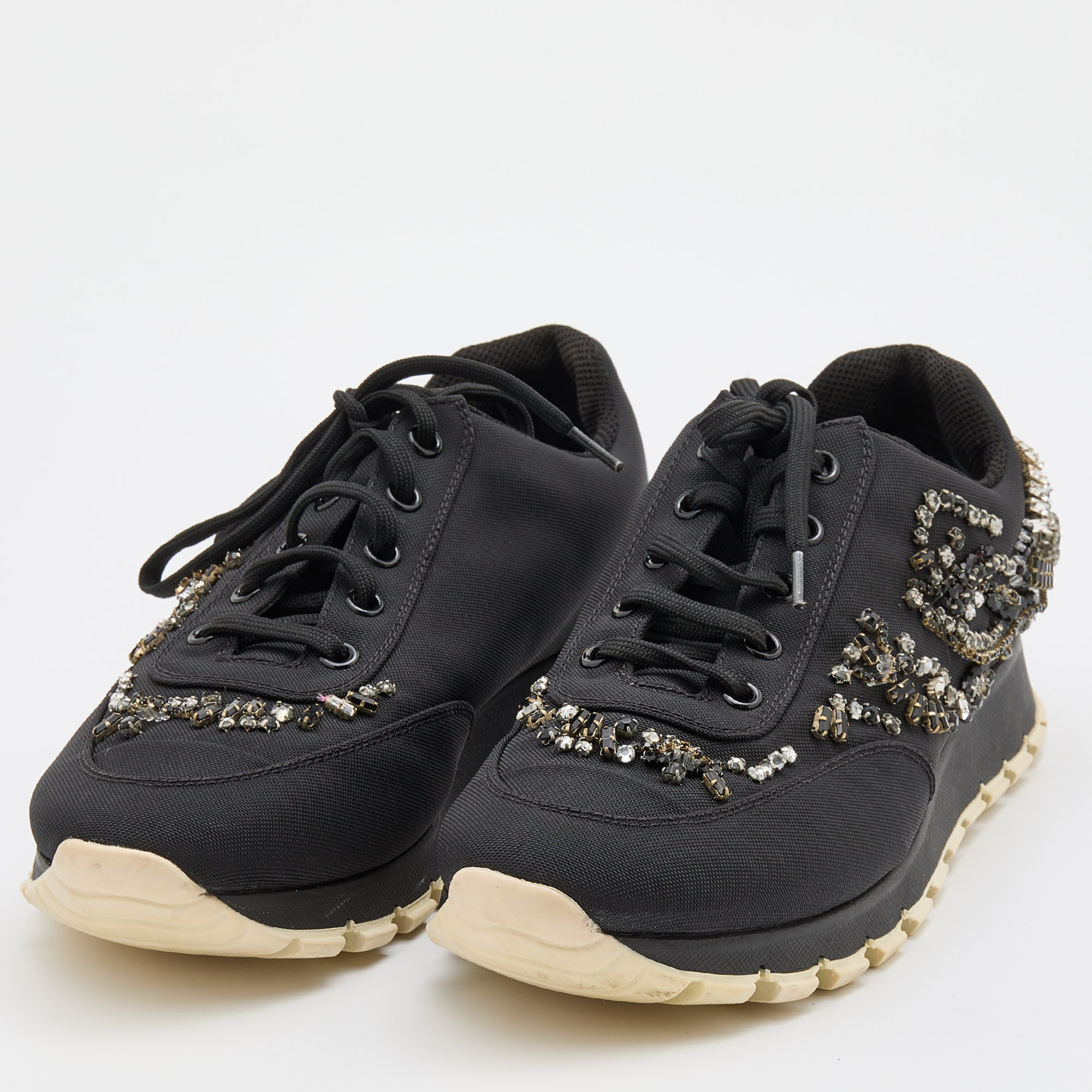 

Prada Black Fabric Crystal Embellished Low Top Sneakers Size