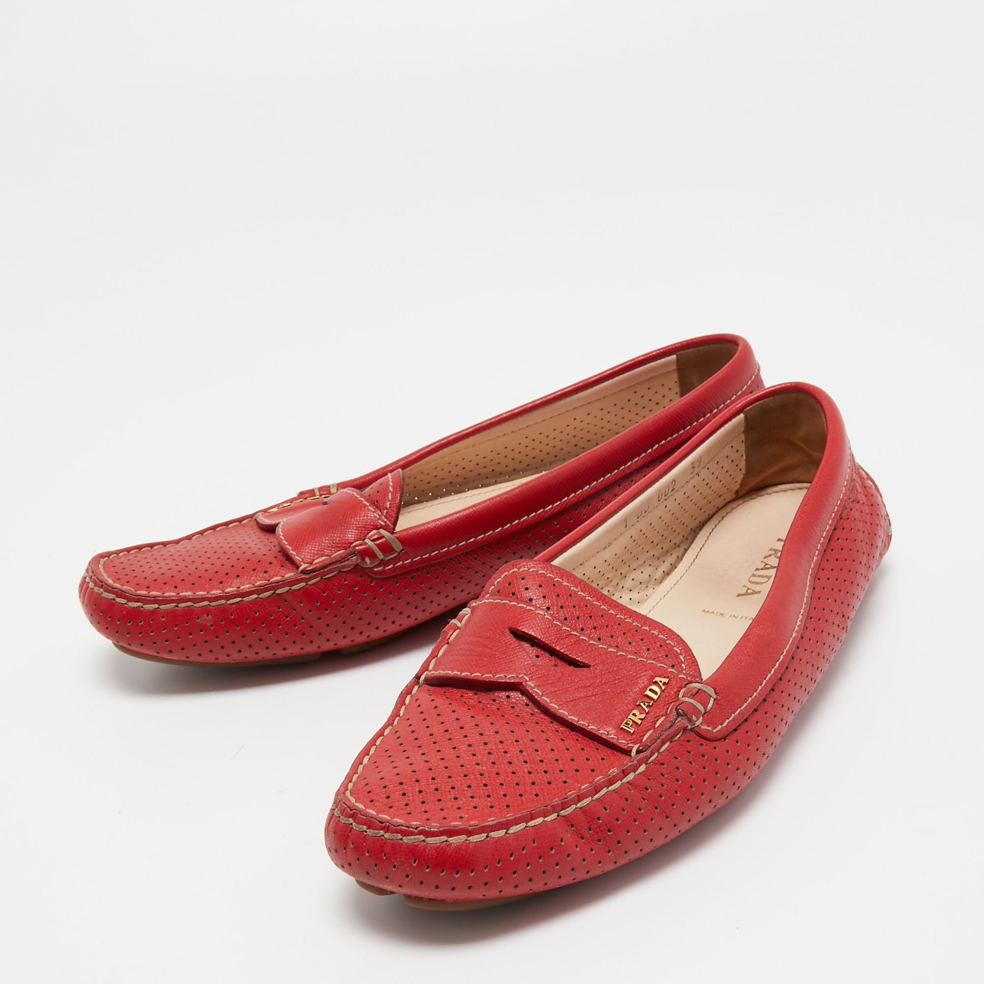 

Prada Red Perforated Leather Penny Loafers Size